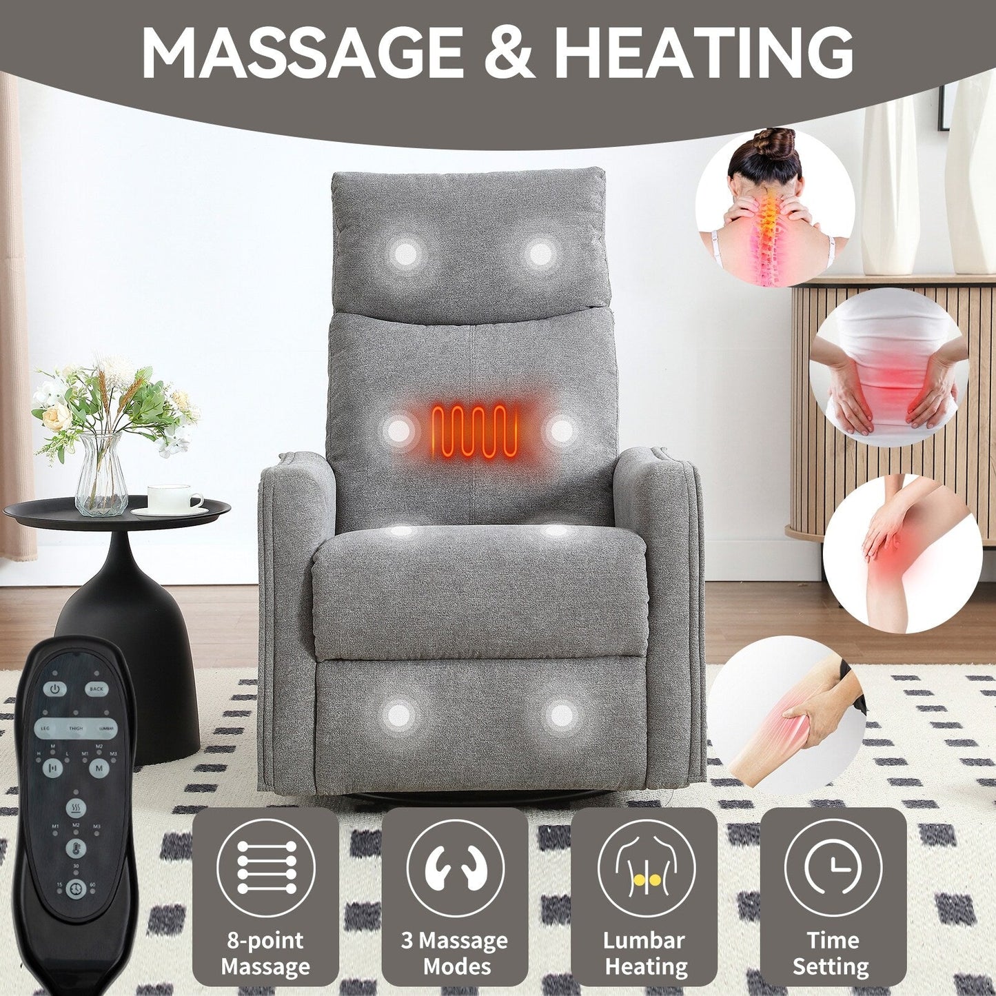 Fauteuil inclinable manuel à 8 points de massage, chaise pivotante et basculante en tissu, canapé simple, fauteuil avec fonction de basculement et chauffage lombaire.