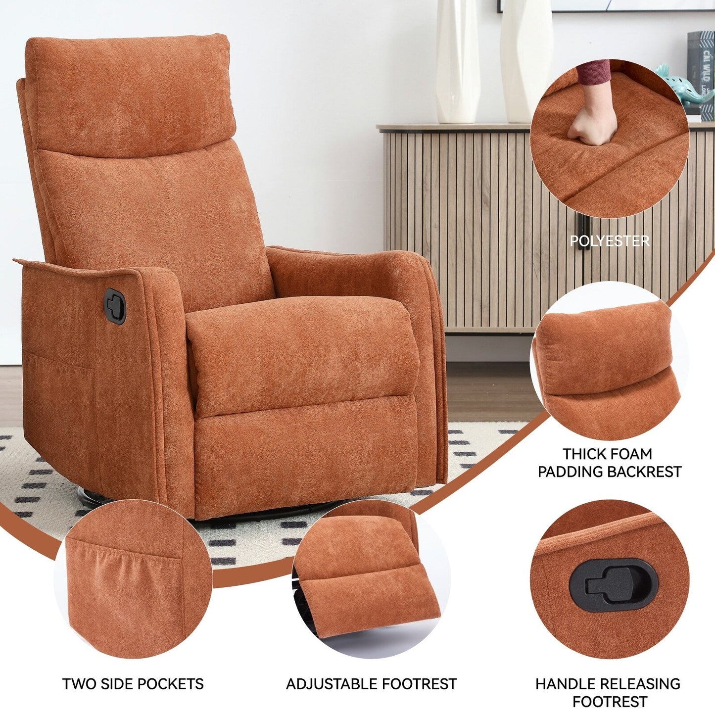Fauteuil inclinable manuel à 8 points de massage, chaise pivotante et basculante en tissu, canapé simple, fauteuil avec fonction de basculement et chauffage lombaire.