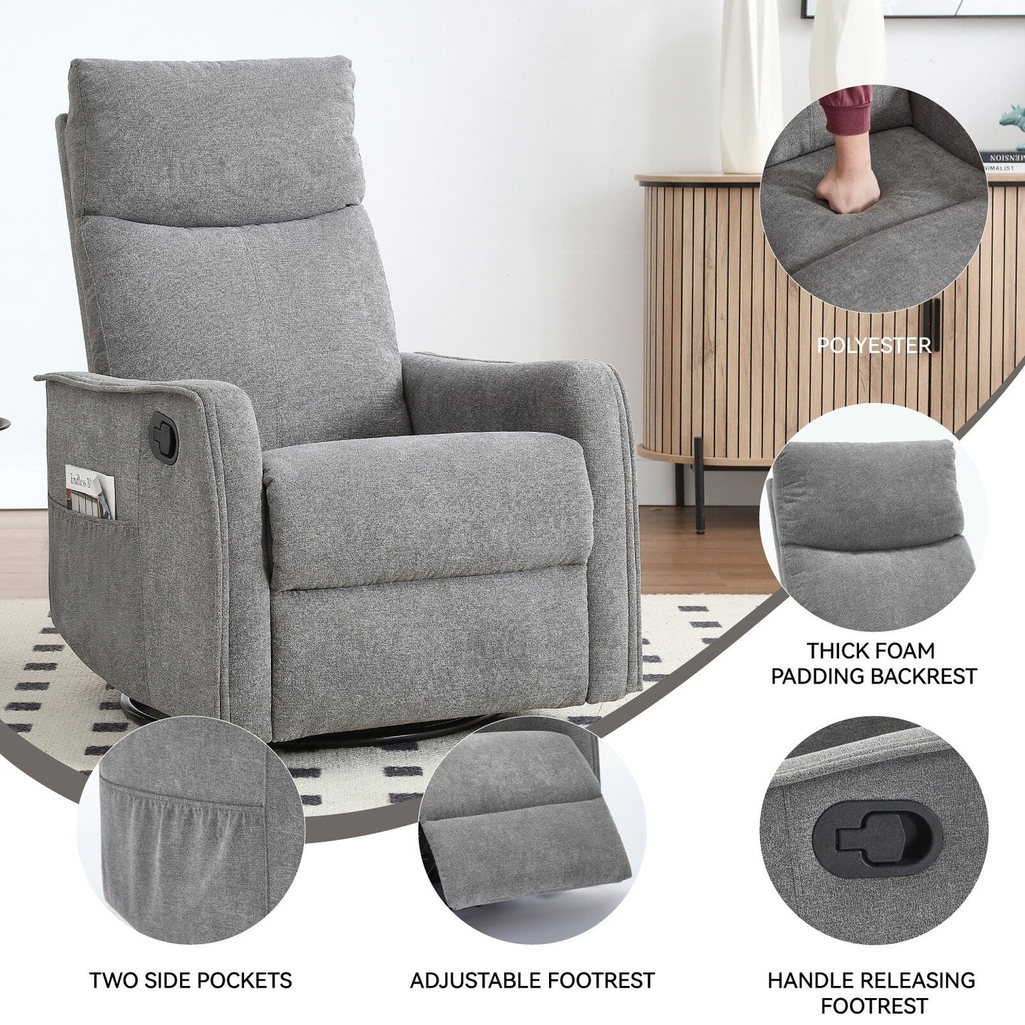 Fauteuil inclinable manuel à 8 points de massage, chaise pivotante et basculante en tissu, canapé simple, fauteuil avec fonction de basculement et chauffage lombaire.