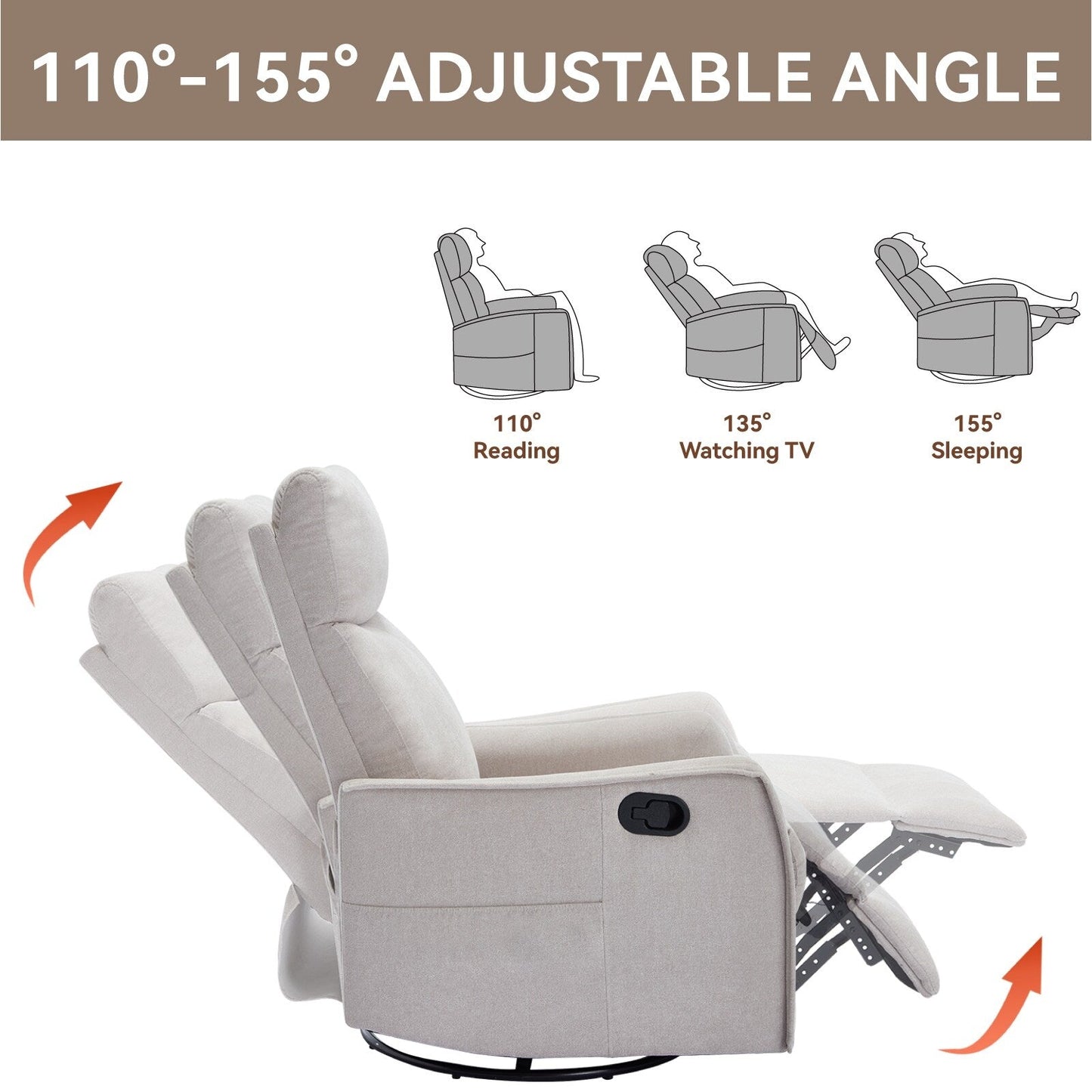 Fauteuil inclinable manuel à 8 points de massage, chaise pivotante et basculante en tissu, canapé simple, fauteuil avec fonction de basculement et chauffage lombaire.