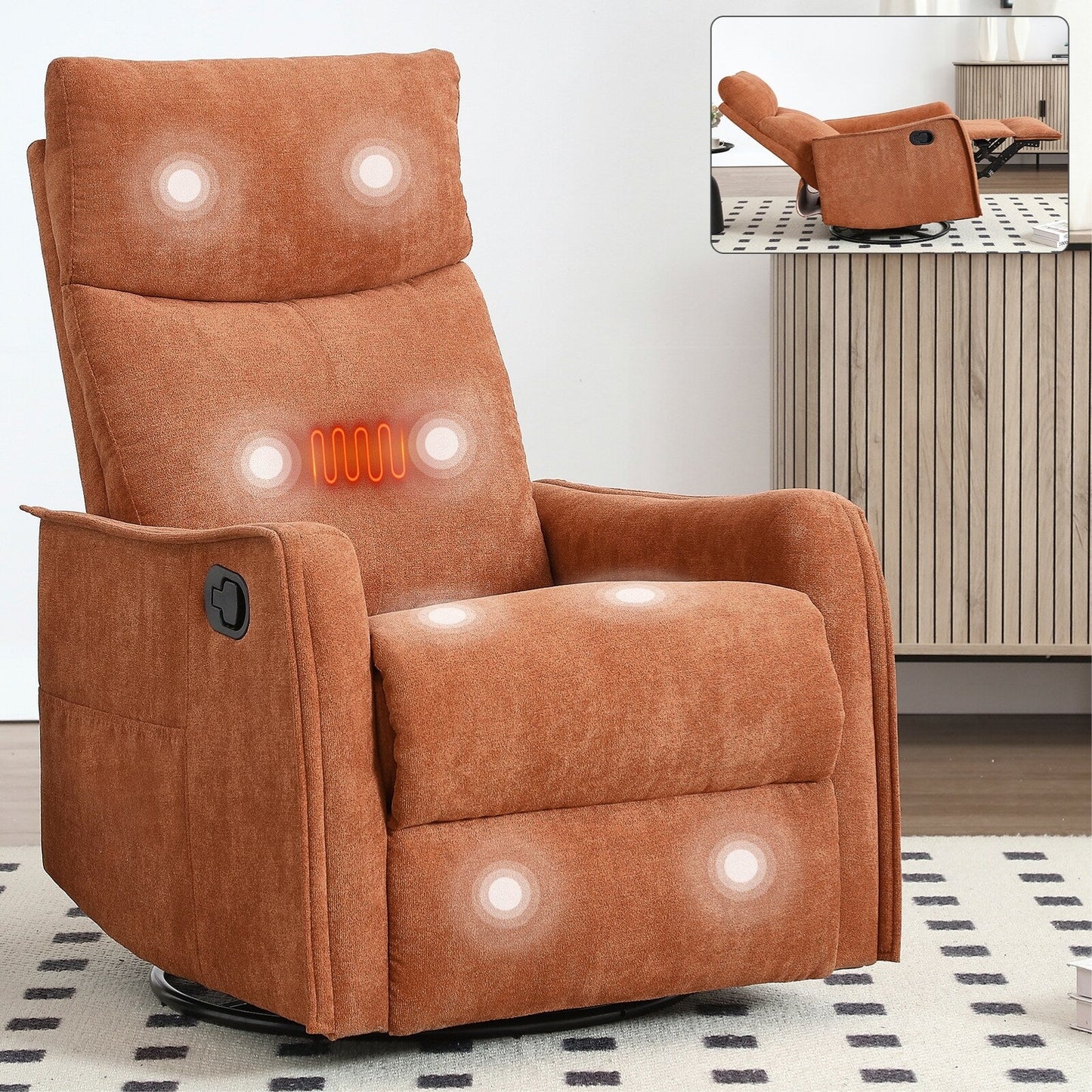Fauteuil inclinable manuel à 8 points de massage, chaise pivotante et basculante en tissu, canapé simple, fauteuil avec fonction de basculement et chauffage lombaire.