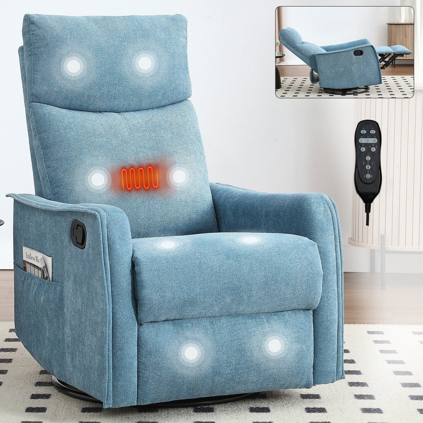 Fauteuil inclinable manuel à 8 points de massage, chaise pivotante et basculante en tissu, canapé simple, fauteuil avec fonction de basculement et chauffage lombaire.