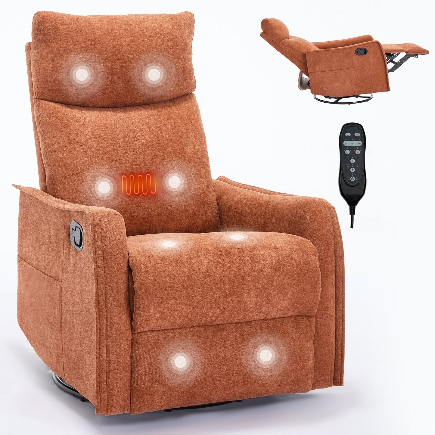 Fauteuil inclinable manuel à 8 points de massage, chaise pivotante et basculante en tissu, canapé simple, fauteuil avec fonction de basculement et chauffage lombaire.