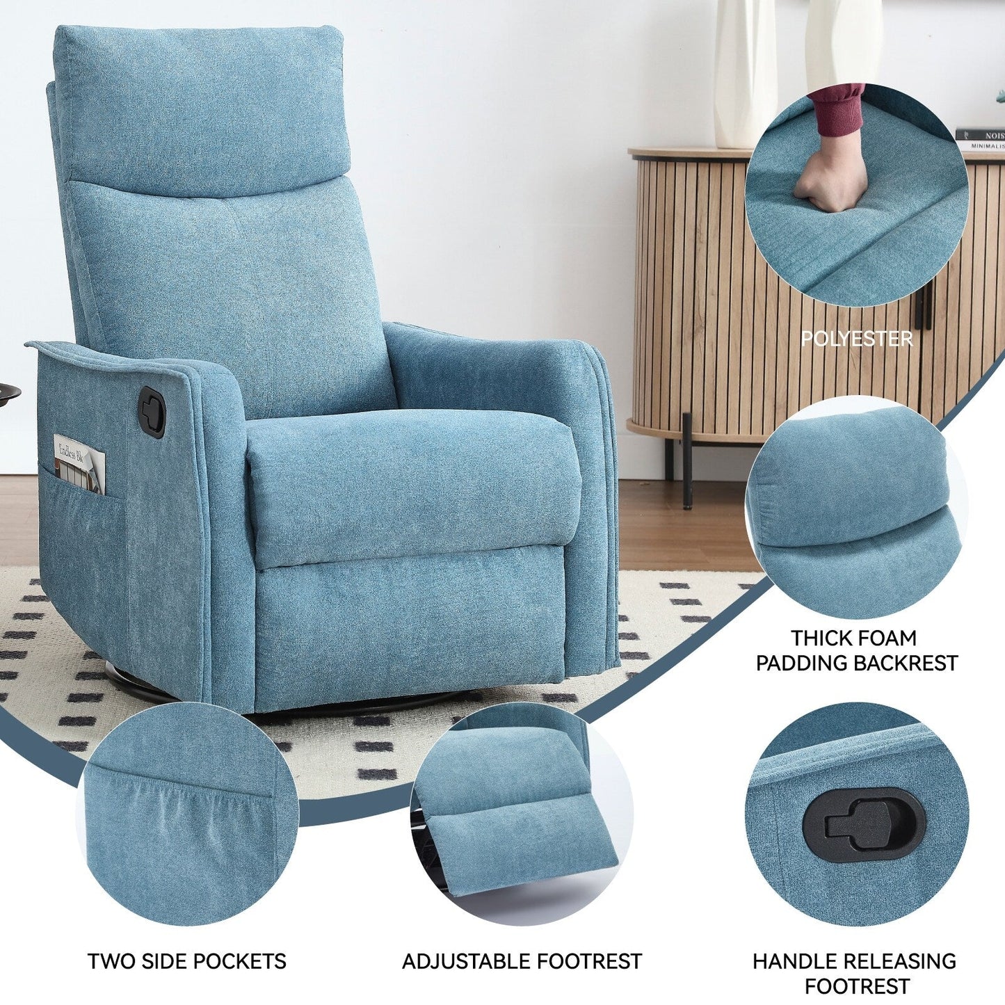 Fauteuil inclinable manuel à 8 points de massage, chaise pivotante et basculante en tissu, canapé simple, fauteuil avec fonction de basculement et chauffage lombaire.