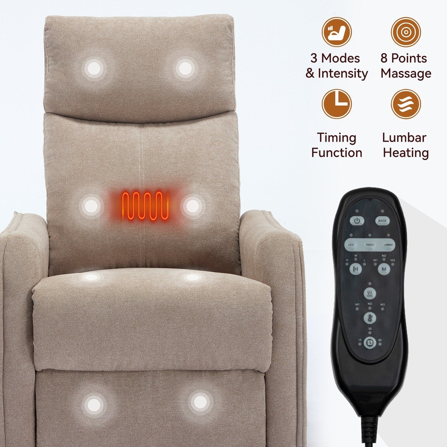 Fauteuil inclinable manuel à 8 points de massage, chaise pivotante et basculante en tissu, canapé simple, fauteuil avec fonction de basculement et chauffage lombaire.