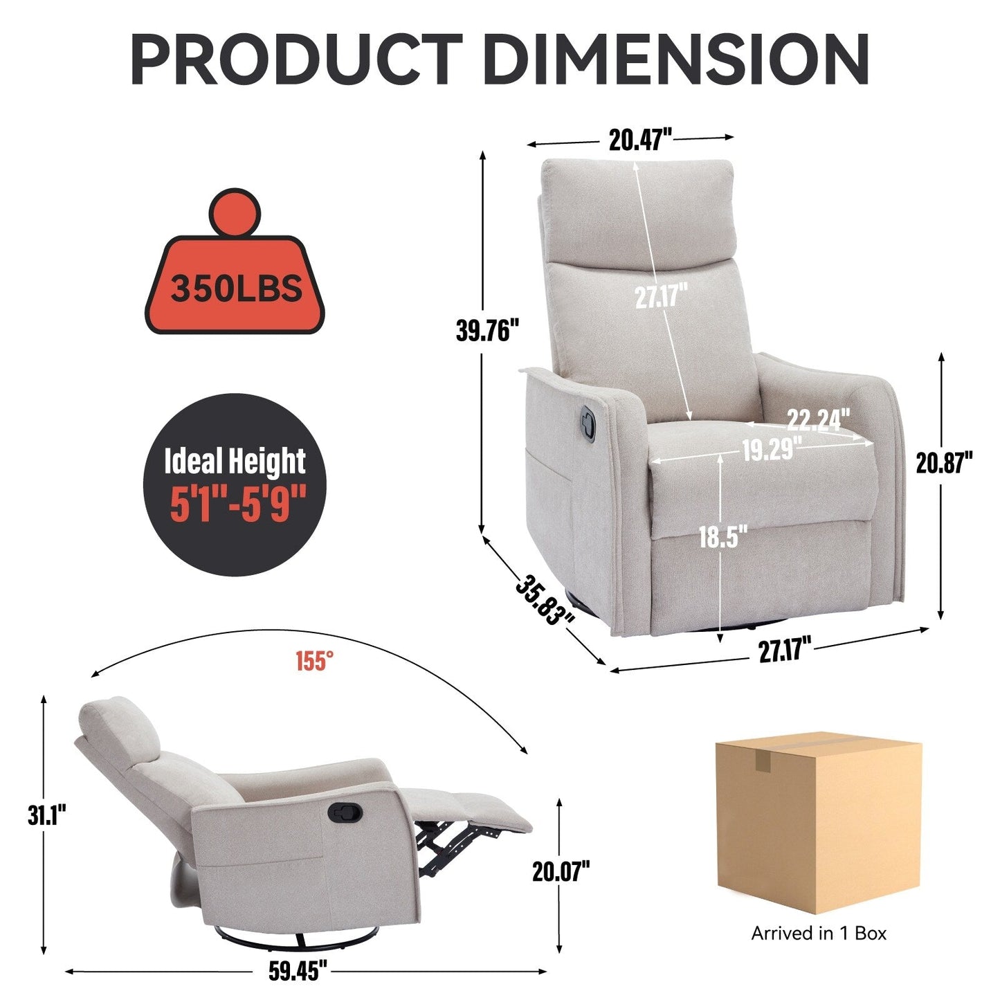 Fauteuil inclinable manuel à 8 points de massage, chaise pivotante et basculante en tissu, canapé simple, fauteuil avec fonction de basculement et chauffage lombaire.