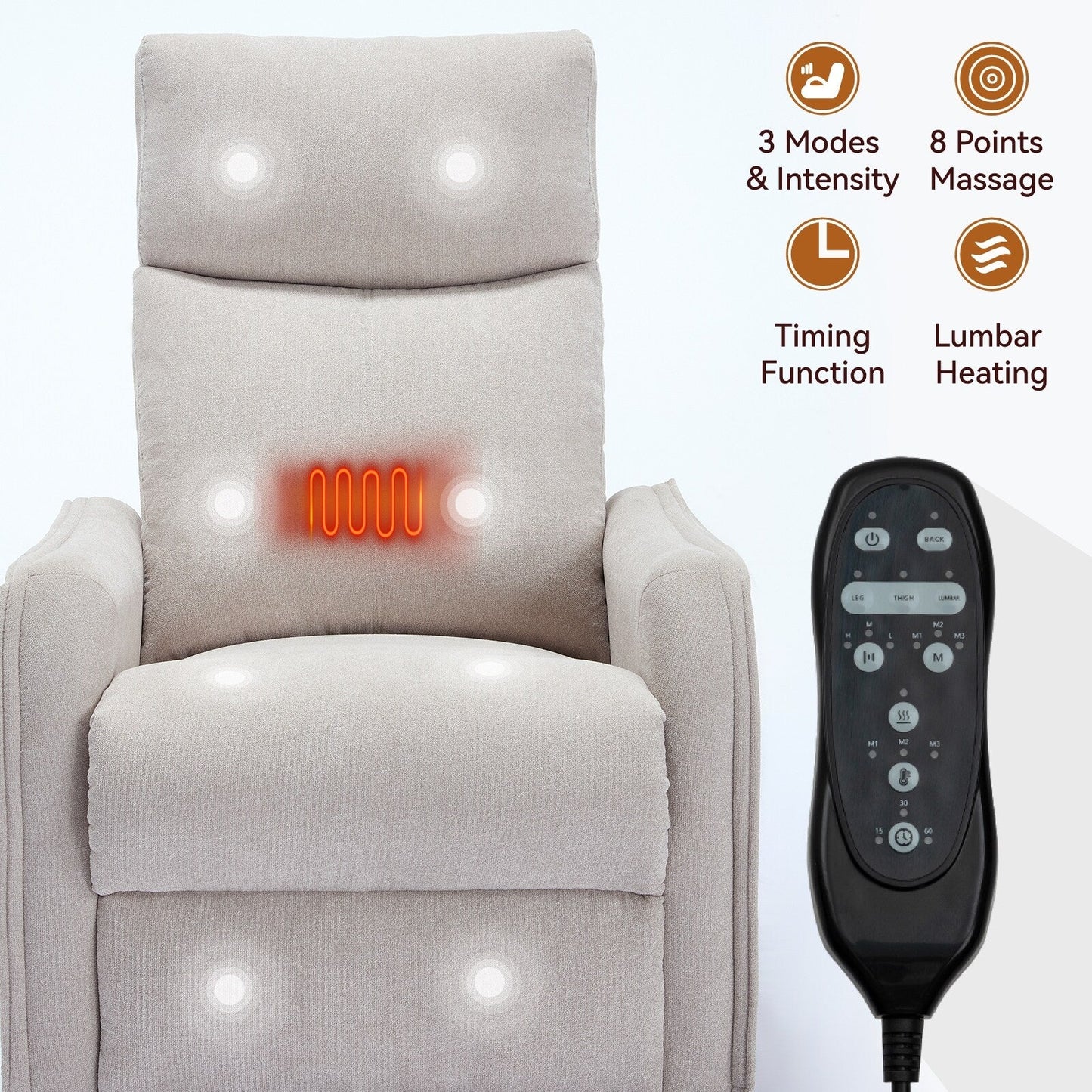 Fauteuil inclinable manuel à 8 points de massage, chaise pivotante et basculante en tissu, canapé simple, fauteuil avec fonction de basculement et chauffage lombaire.