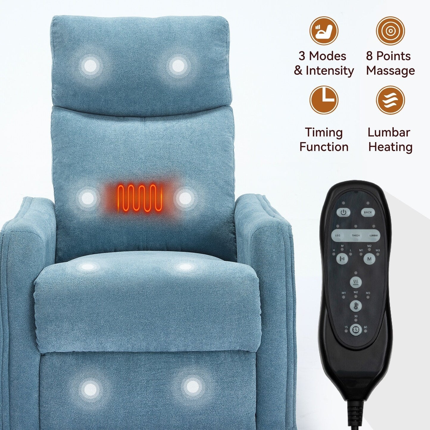 Fauteuil inclinable manuel à 8 points de massage, chaise pivotante et basculante en tissu, canapé simple, fauteuil avec fonction de basculement et chauffage lombaire.