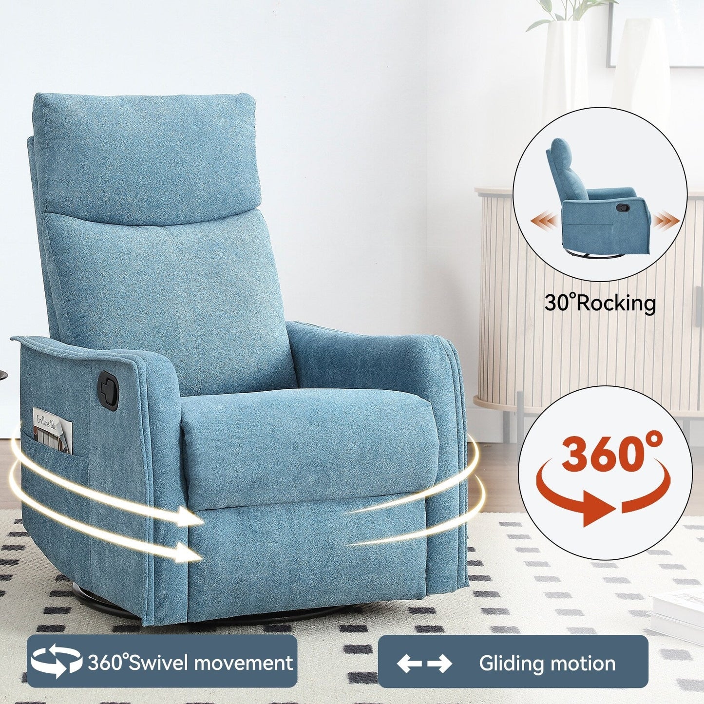 Fauteuil inclinable manuel à 8 points de massage, chaise pivotante et basculante en tissu, canapé simple, fauteuil avec fonction de basculement et chauffage lombaire.