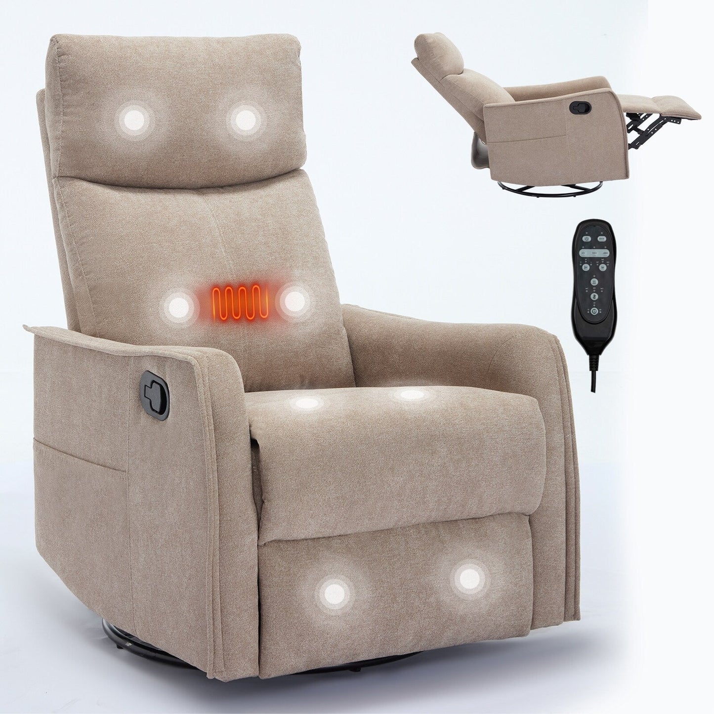 Fauteuil inclinable manuel à 8 points de massage, chaise pivotante et basculante en tissu, canapé simple, fauteuil avec fonction de basculement et chauffage lombaire.