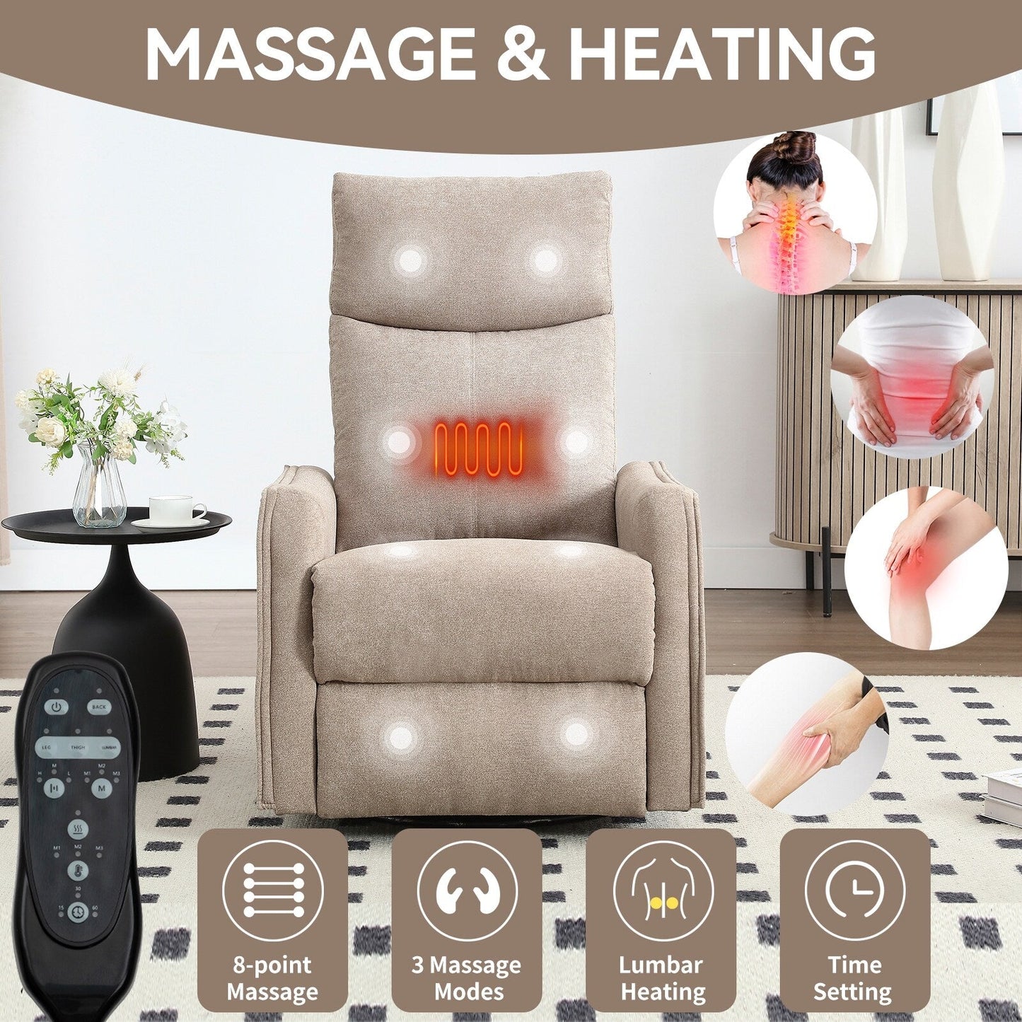 Fauteuil inclinable manuel à 8 points de massage, chaise pivotante et basculante en tissu, canapé simple, fauteuil avec fonction de basculement et chauffage lombaire.
