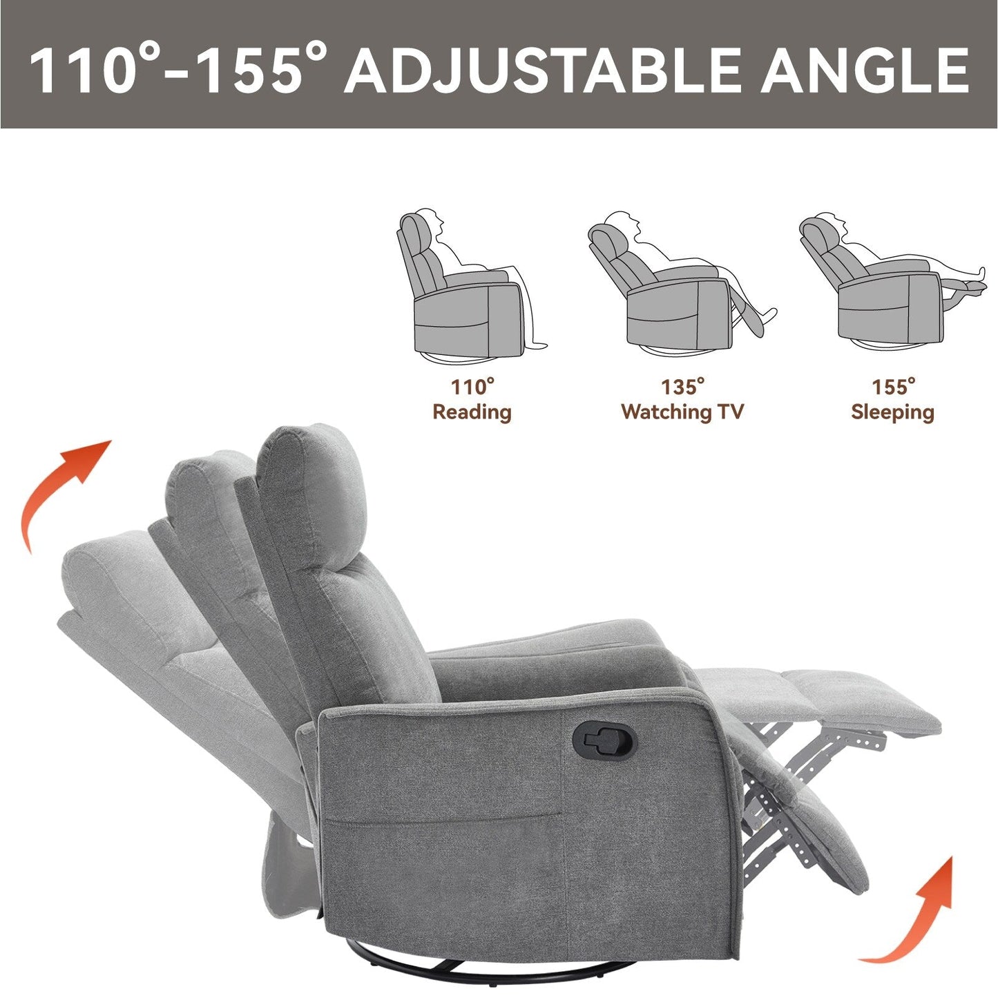 Fauteuil inclinable manuel à 8 points de massage, chaise pivotante et basculante en tissu, canapé simple, fauteuil avec fonction de basculement et chauffage lombaire.