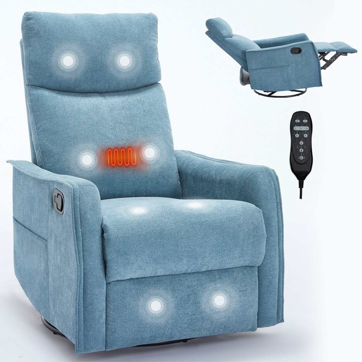 Fauteuil inclinable manuel à 8 points de massage, chaise pivotante et basculante en tissu, canapé simple, fauteuil avec fonction de basculement et chauffage lombaire.