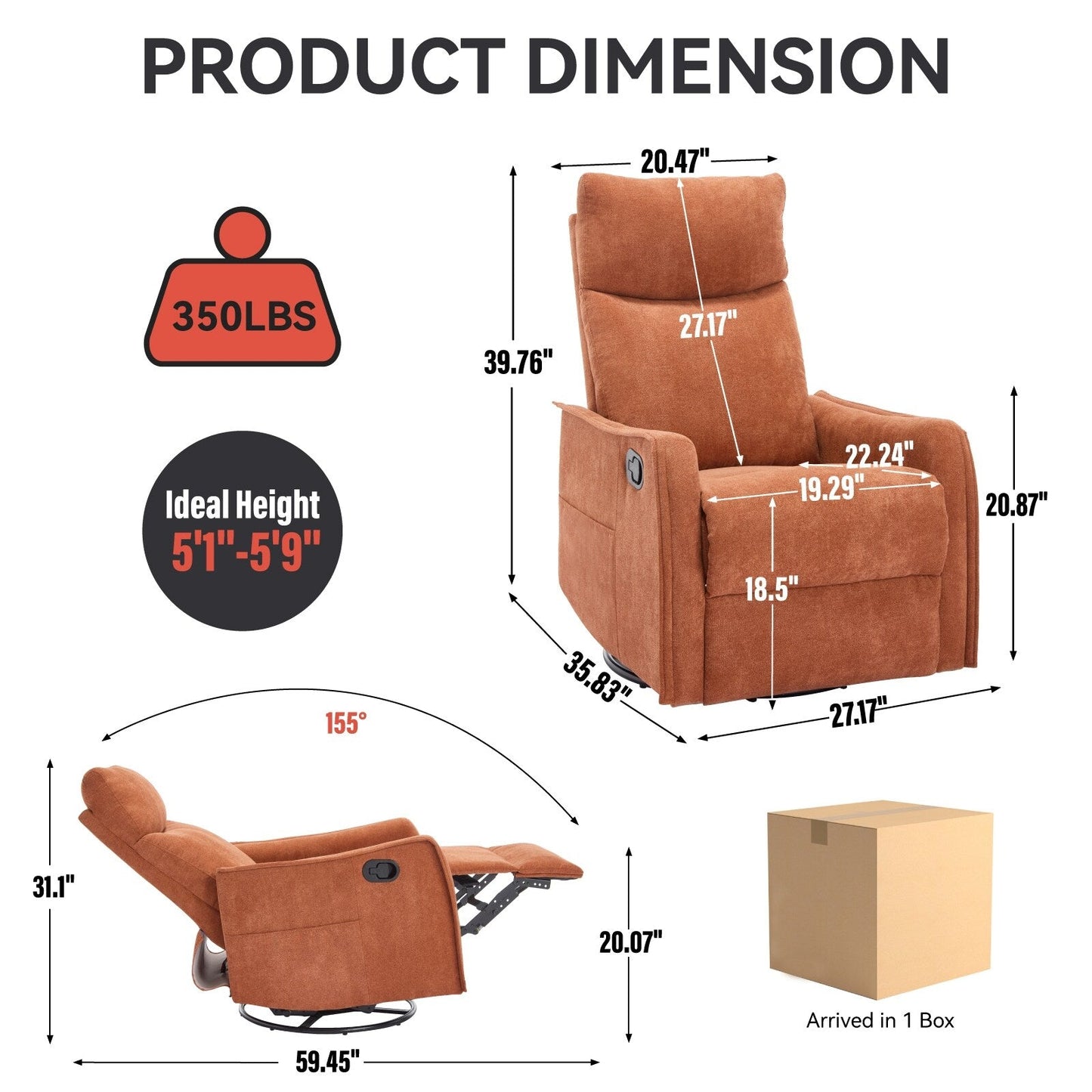 Fauteuil inclinable manuel à 8 points de massage, chaise pivotante et basculante en tissu, canapé simple, fauteuil avec fonction de basculement et chauffage lombaire.