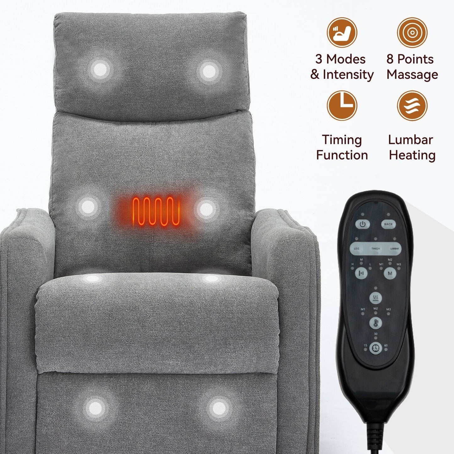 Fauteuil inclinable manuel à 8 points de massage, chaise pivotante et basculante en tissu, canapé simple, fauteuil avec fonction de basculement et chauffage lombaire.
