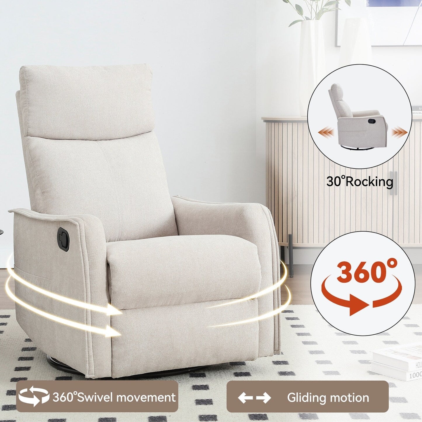 Fauteuil inclinable manuel à 8 points de massage, chaise pivotante et basculante en tissu, canapé simple, fauteuil avec fonction de basculement et chauffage lombaire.