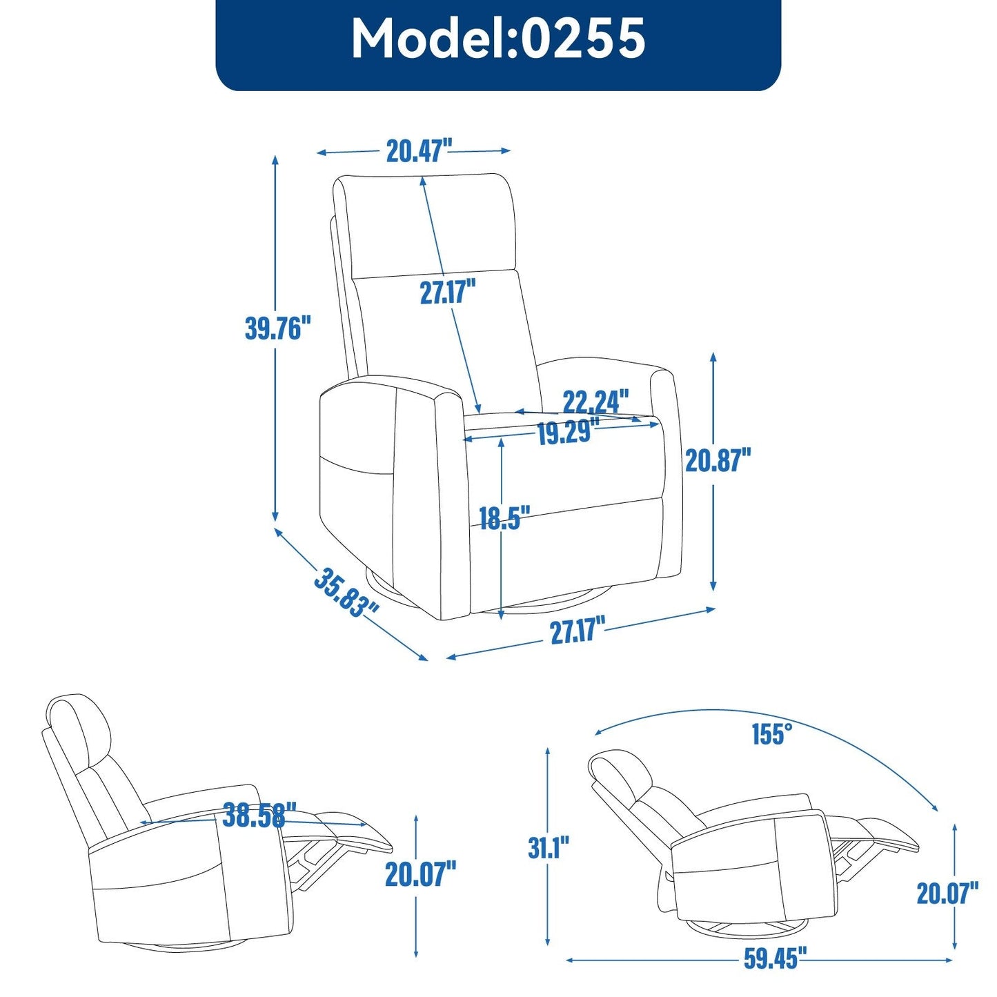 Fauteuil inclinable manuel à 8 points de massage, chaise pivotante et basculante en tissu, canapé simple, fauteuil avec fonction de basculement et chauffage lombaire.
