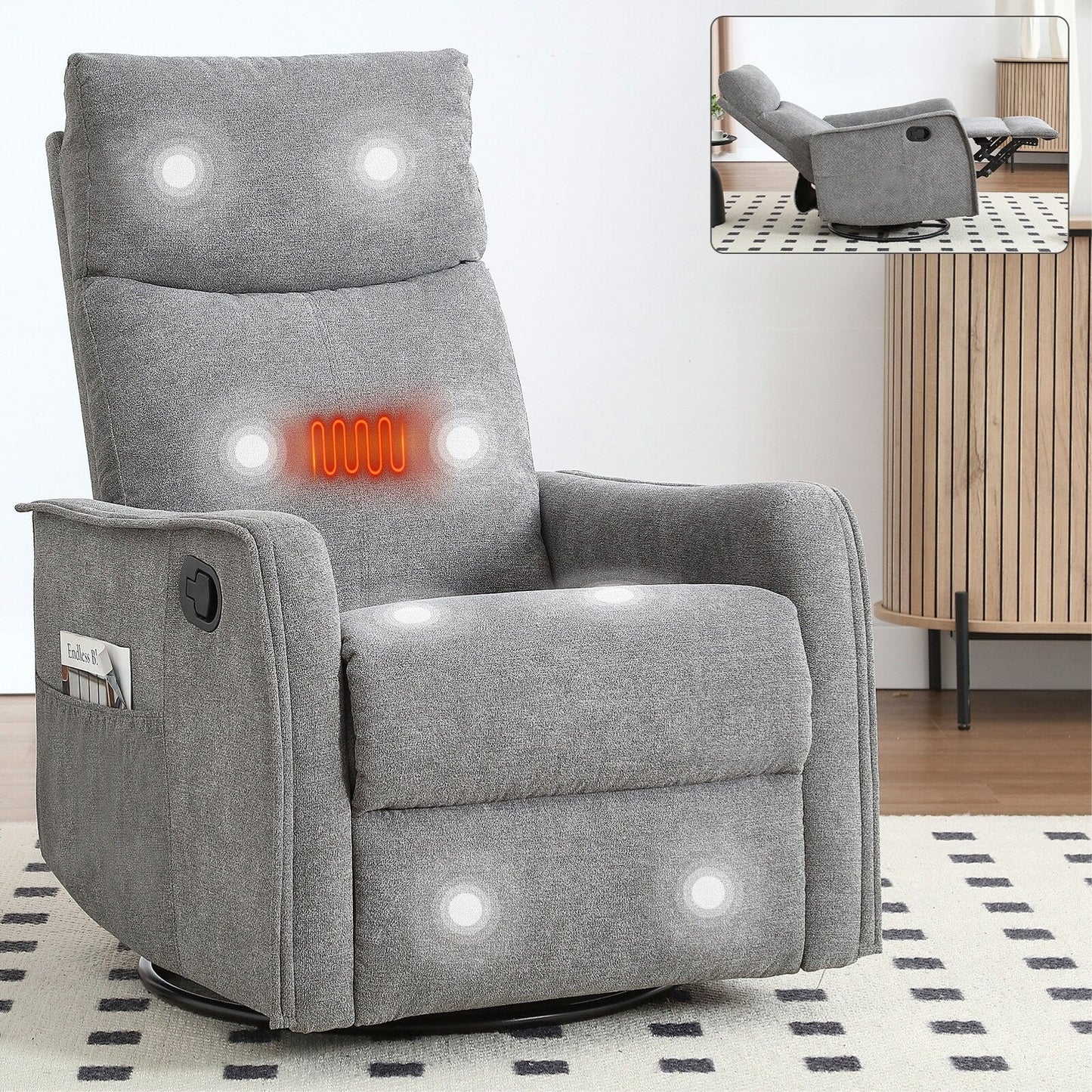 Fauteuil inclinable manuel à 8 points de massage, chaise pivotante et basculante en tissu, canapé simple, fauteuil avec fonction de basculement et chauffage lombaire.