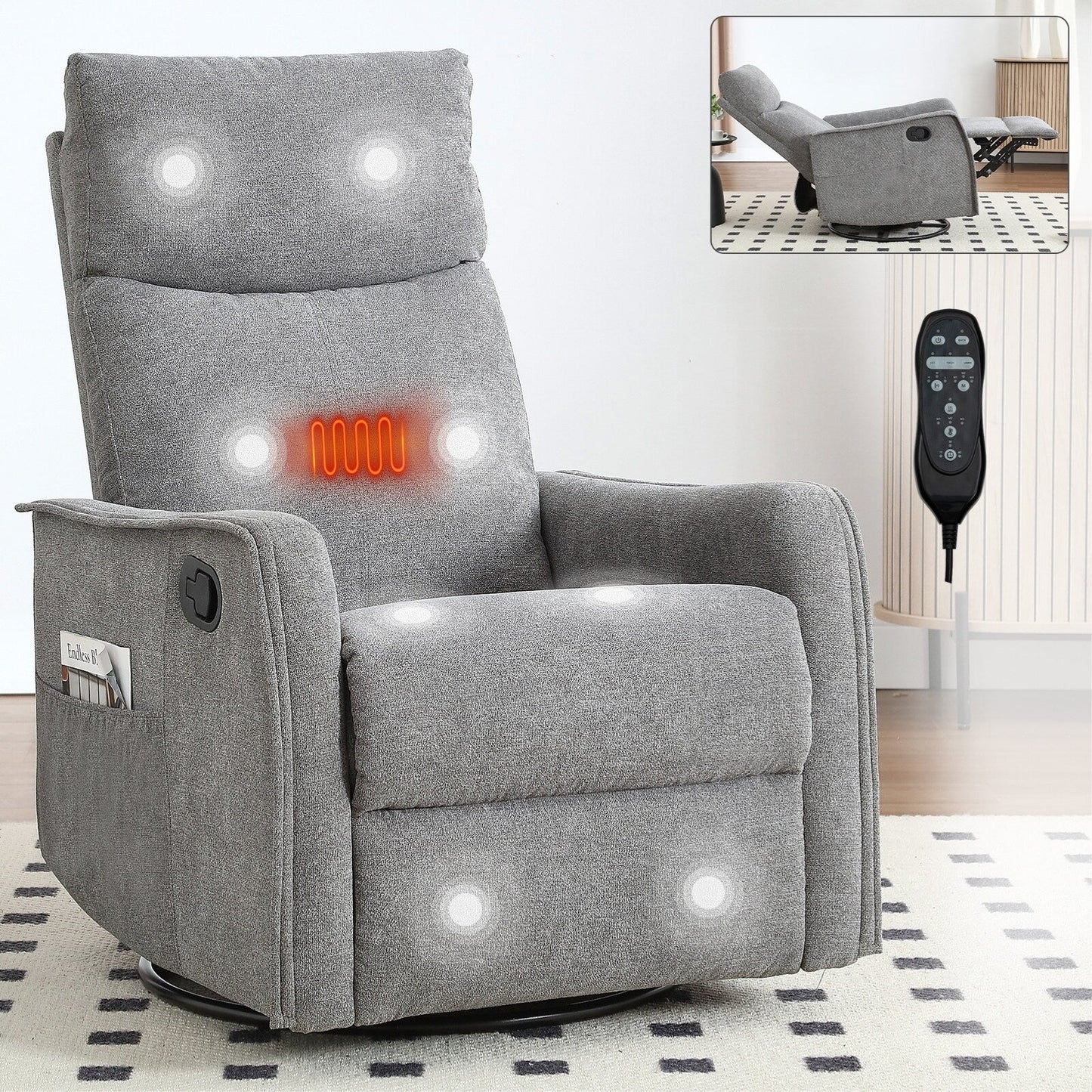 Fauteuil inclinable manuel à 8 points de massage, chaise pivotante et basculante en tissu, canapé simple, fauteuil avec fonction de basculement et chauffage lombaire.