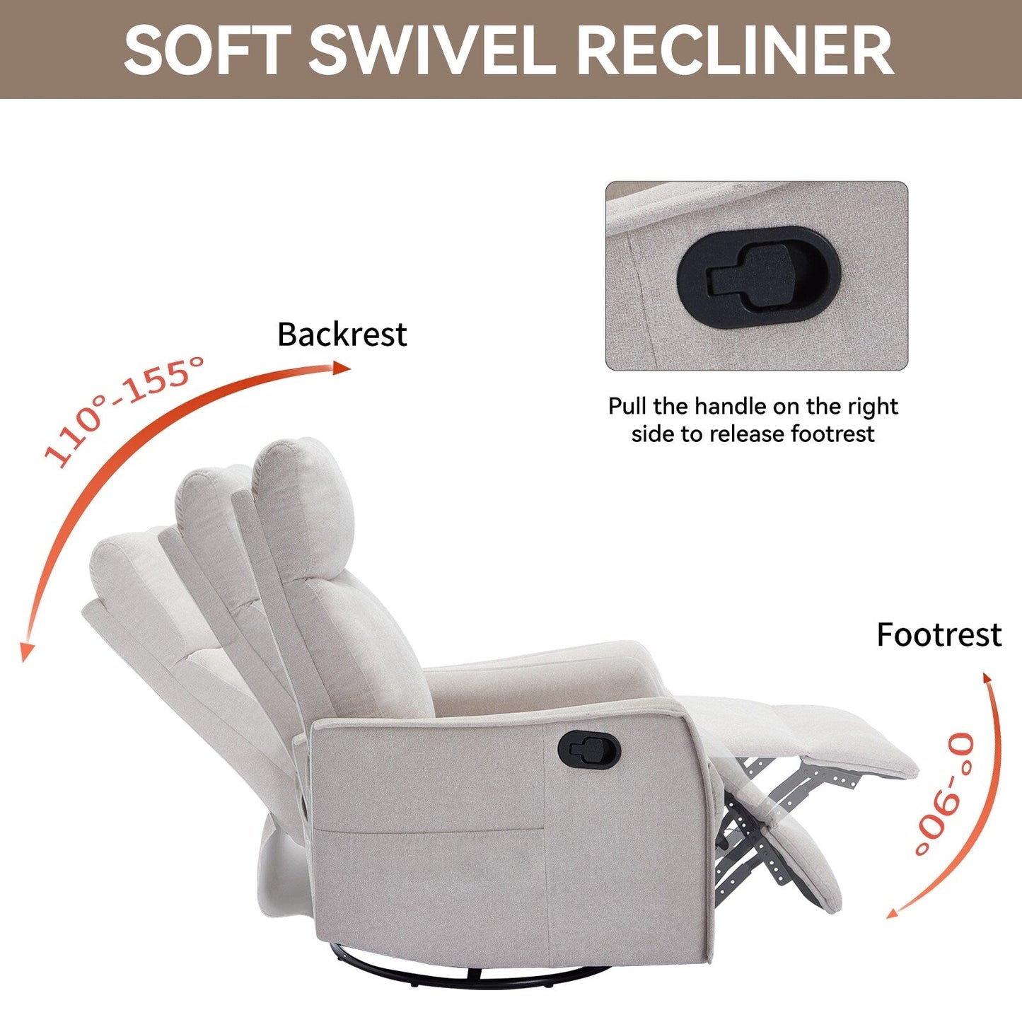 Fauteuil inclinable manuel à 8 points de massage, chaise pivotante et basculante en tissu, canapé simple, fauteuil avec fonction de basculement et chauffage lombaire.