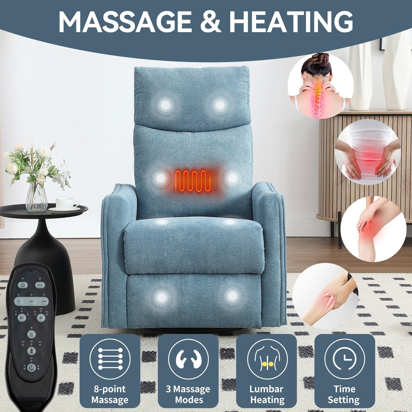 Fauteuil inclinable manuel à 8 points de massage, chaise pivotante et basculante en tissu, canapé simple, fauteuil avec fonction de basculement et chauffage lombaire.