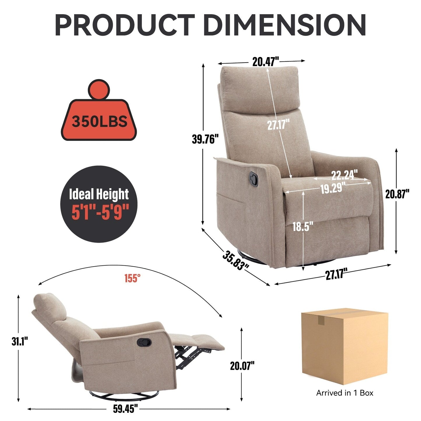Fauteuil inclinable manuel à 8 points de massage, chaise pivotante et basculante en tissu, canapé simple, fauteuil avec fonction de basculement et chauffage lombaire.