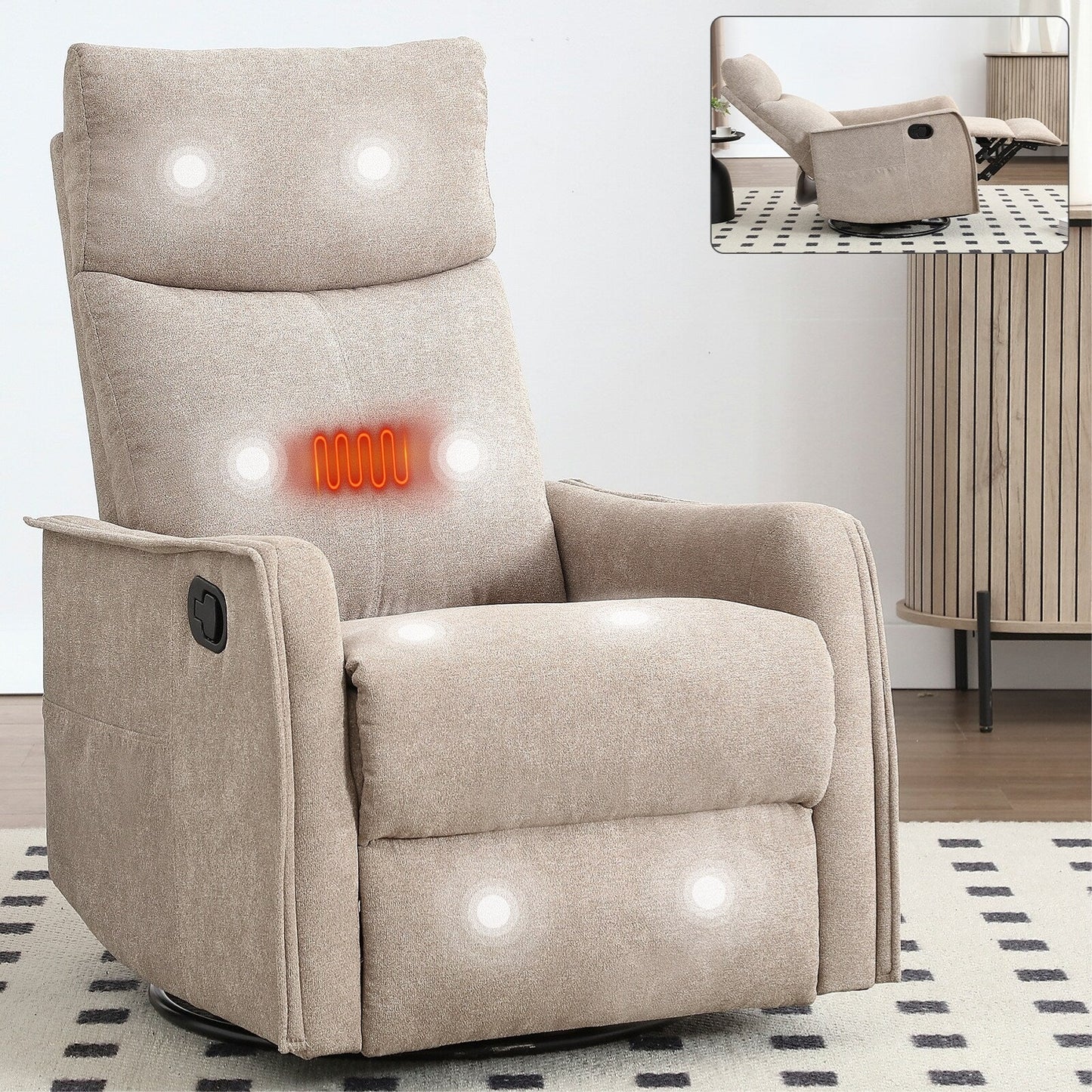 Fauteuil inclinable manuel à 8 points de massage, chaise pivotante et basculante en tissu, canapé simple, fauteuil avec fonction de basculement et chauffage lombaire.