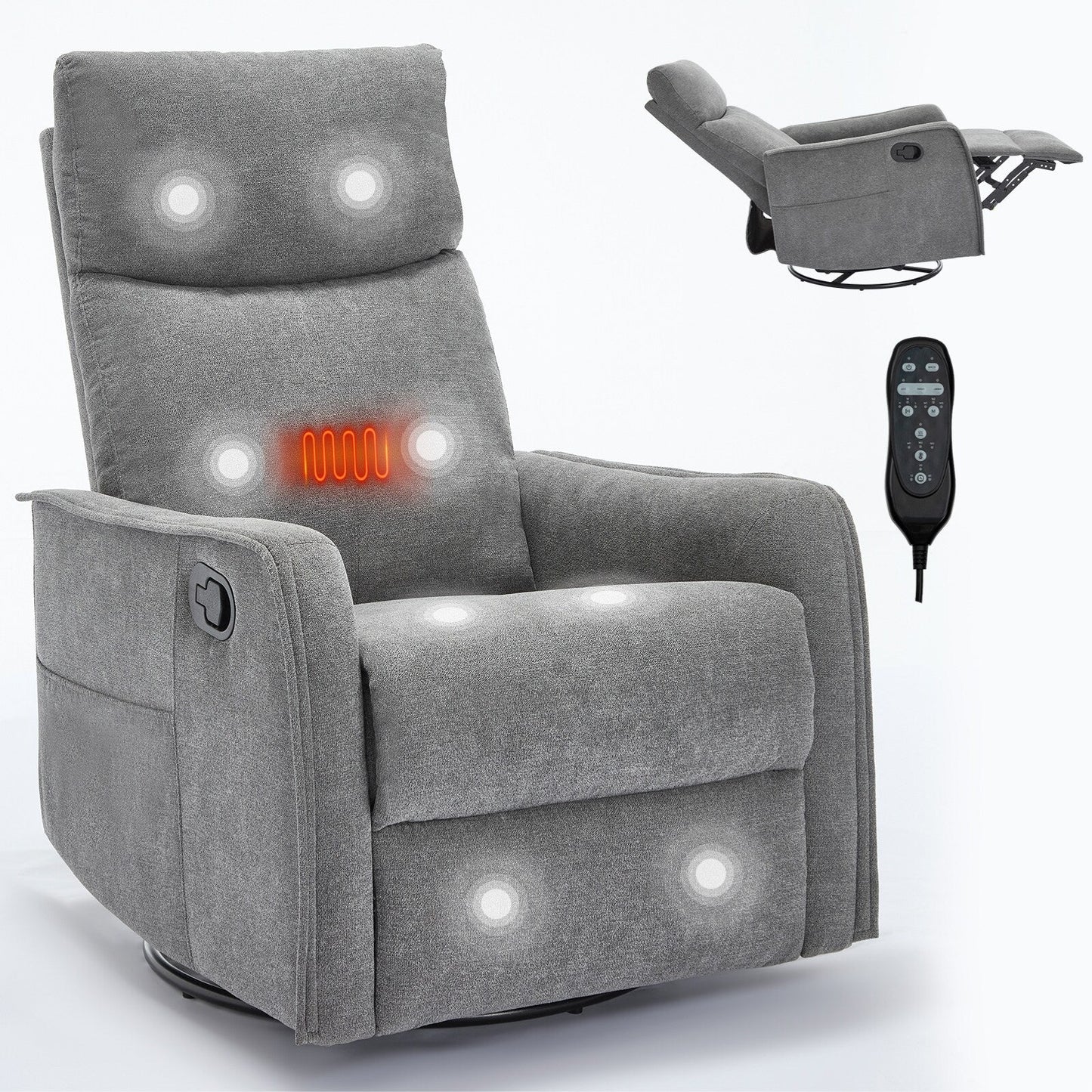 Fauteuil inclinable manuel à 8 points de massage, chaise pivotante et basculante en tissu, canapé simple, fauteuil avec fonction de basculement et chauffage lombaire.