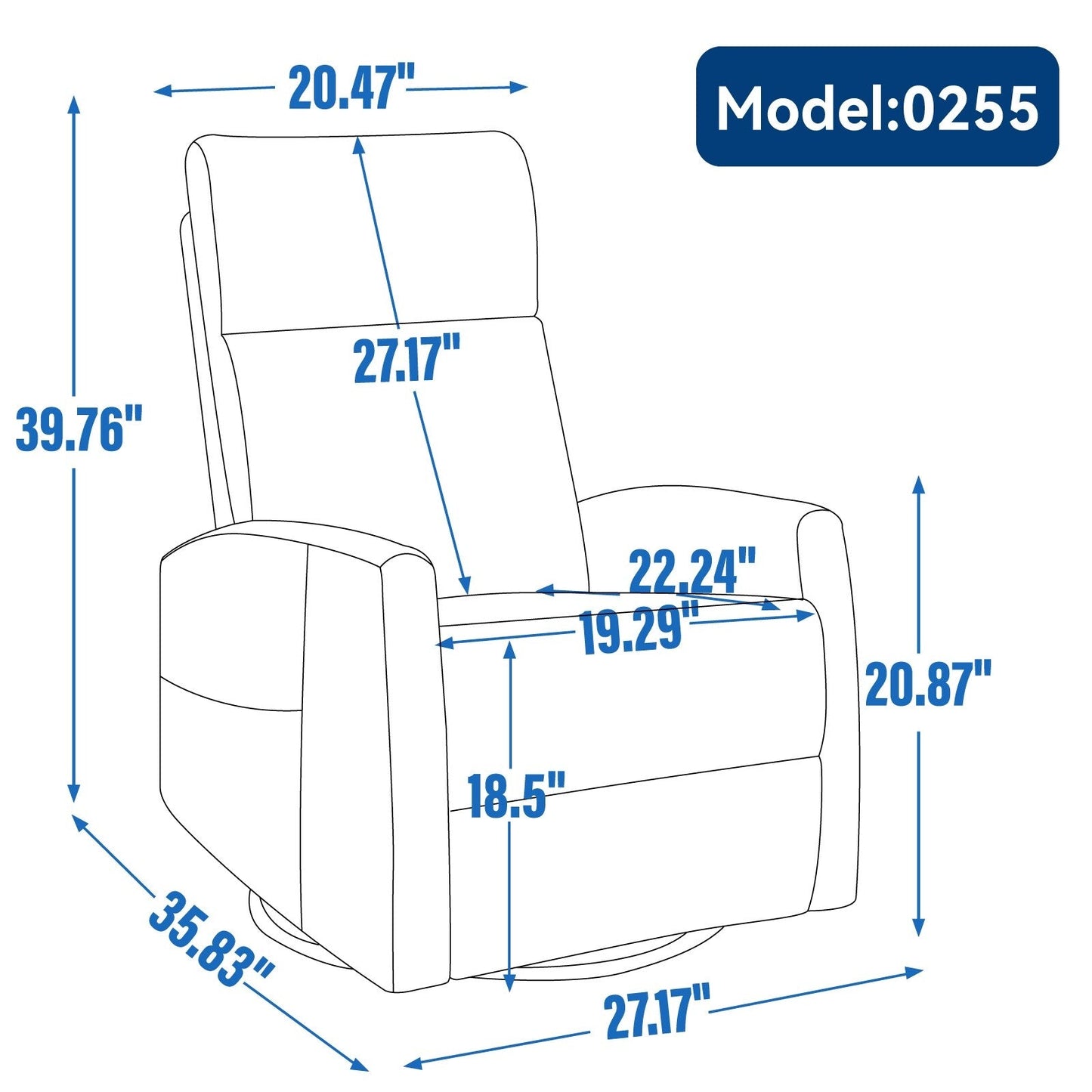Fauteuil inclinable manuel à 8 points de massage, chaise pivotante et basculante en tissu, canapé simple, fauteuil avec fonction de basculement et chauffage lombaire.