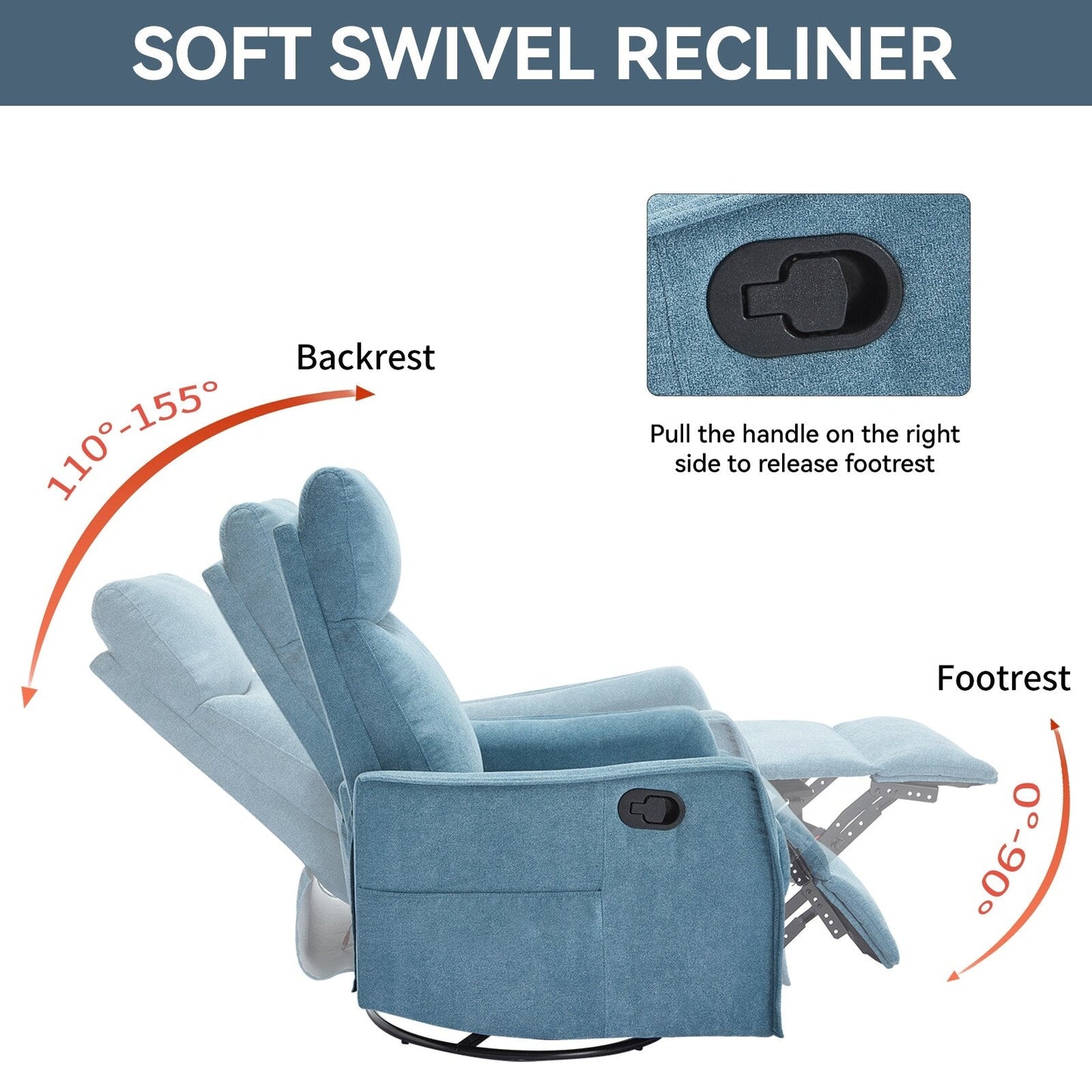 Fauteuil inclinable manuel à 8 points de massage, chaise pivotante et basculante en tissu, canapé simple, fauteuil avec fonction de basculement et chauffage lombaire.