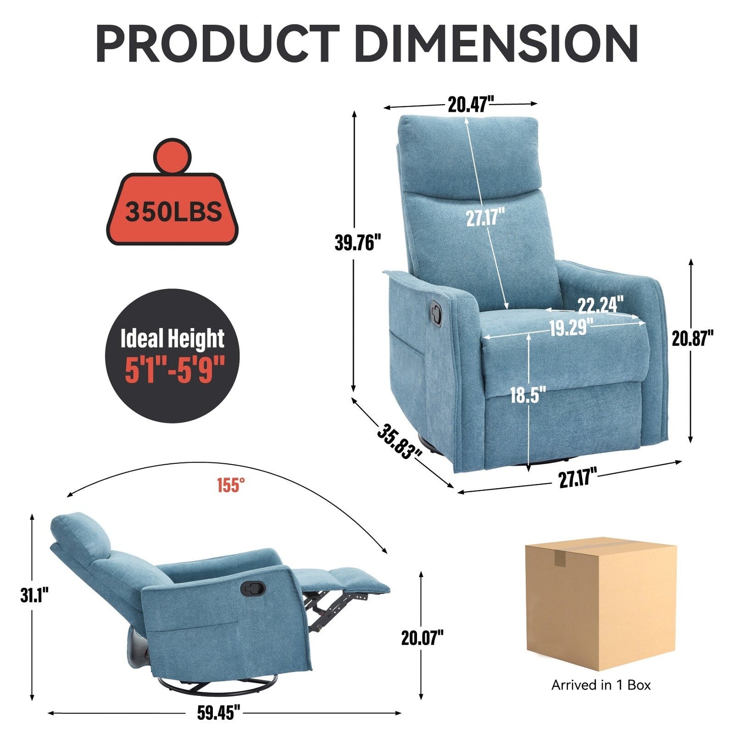Fauteuil inclinable manuel à 8 points de massage, chaise pivotante et basculante en tissu, canapé simple, fauteuil avec fonction de basculement et chauffage lombaire.