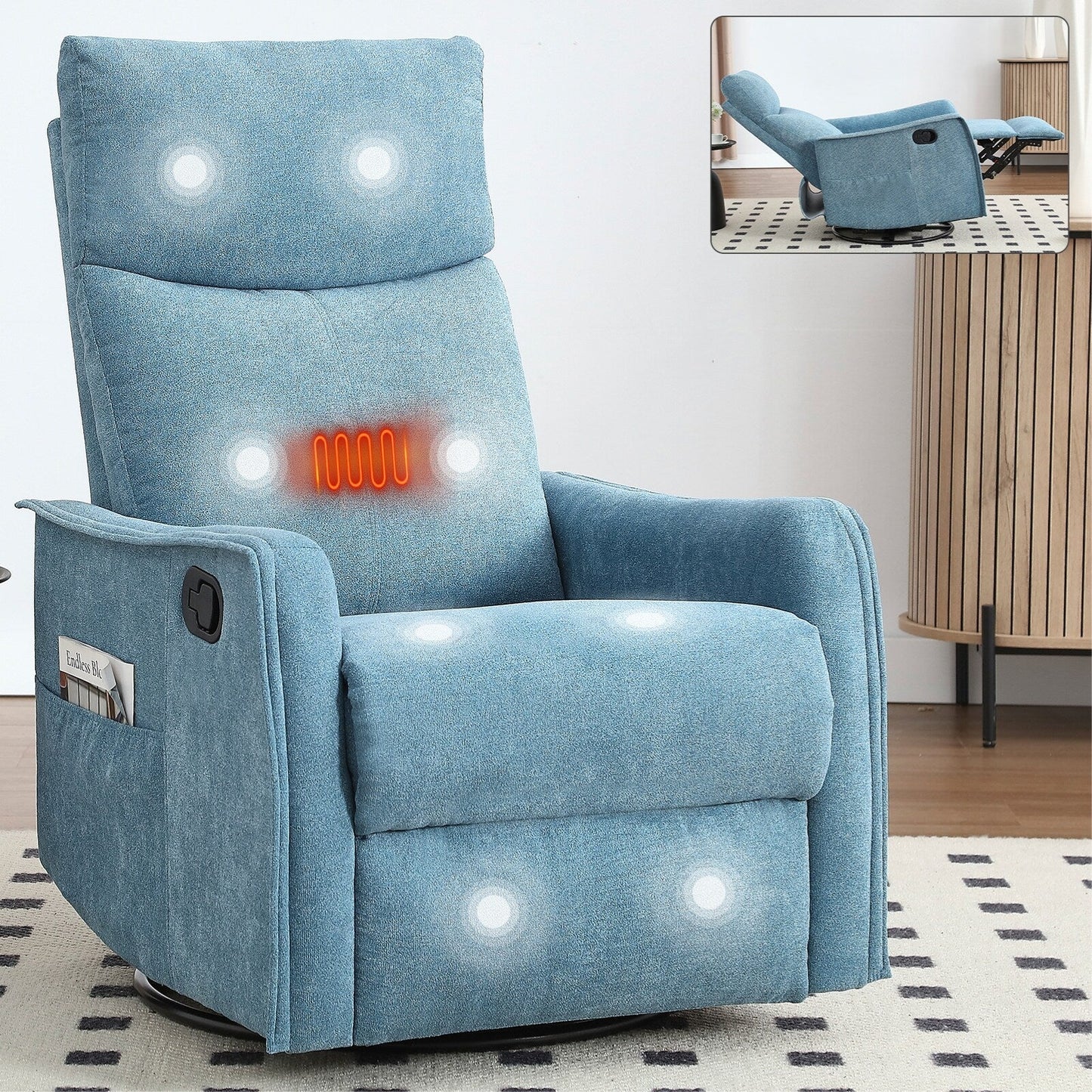 Fauteuil inclinable manuel à 8 points de massage, chaise pivotante et basculante en tissu, canapé simple, fauteuil avec fonction de basculement et chauffage lombaire.