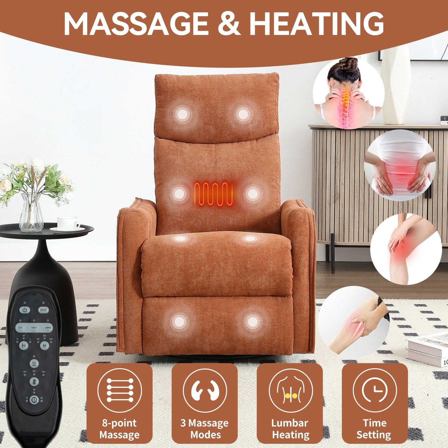 Fauteuil inclinable manuel à 8 points de massage, chaise pivotante et basculante en tissu, canapé simple, fauteuil avec fonction de basculement et chauffage lombaire.