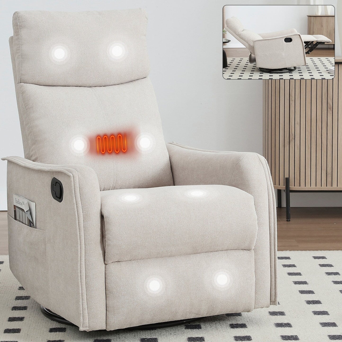 Fauteuil inclinable manuel à 8 points de massage, chaise pivotante et basculante en tissu, canapé simple, fauteuil avec fonction de basculement et chauffage lombaire.