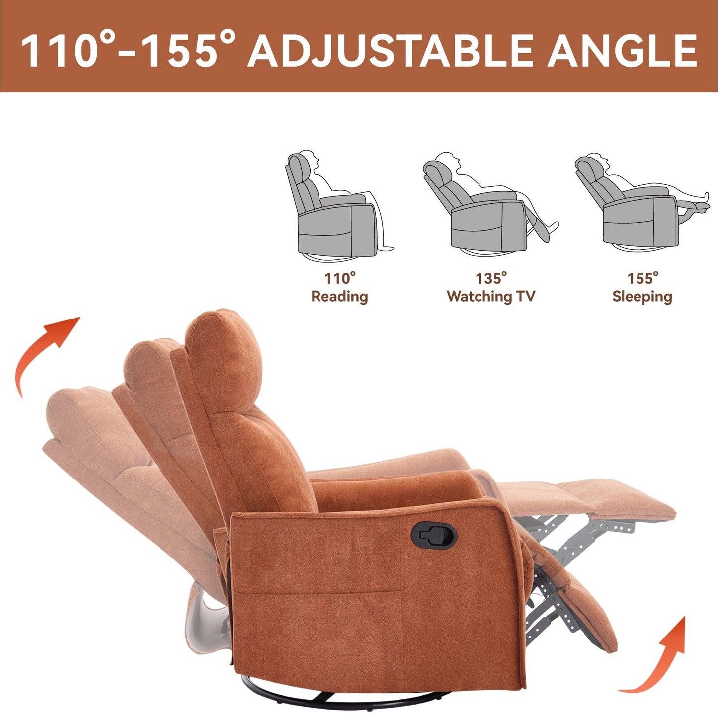 Fauteuil inclinable manuel à 8 points de massage, chaise pivotante et basculante en tissu, canapé simple, fauteuil avec fonction de basculement et chauffage lombaire.