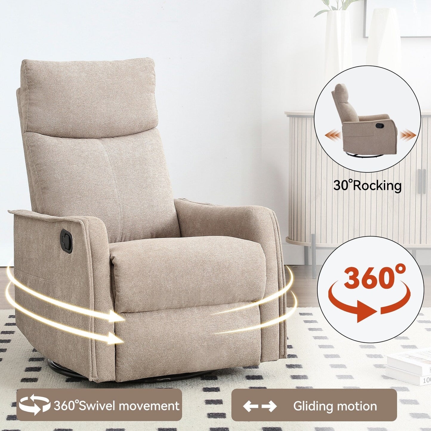 Fauteuil inclinable manuel à 8 points de massage, chaise pivotante et basculante en tissu, canapé simple, fauteuil avec fonction de basculement et chauffage lombaire.