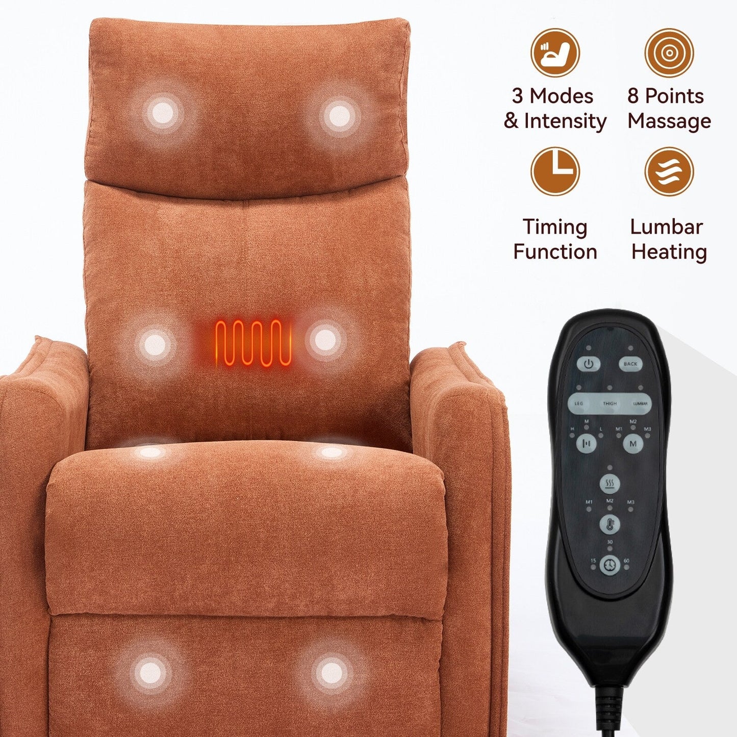 Fauteuil inclinable manuel à 8 points de massage, chaise pivotante et basculante en tissu, canapé simple, fauteuil avec fonction de basculement et chauffage lombaire.