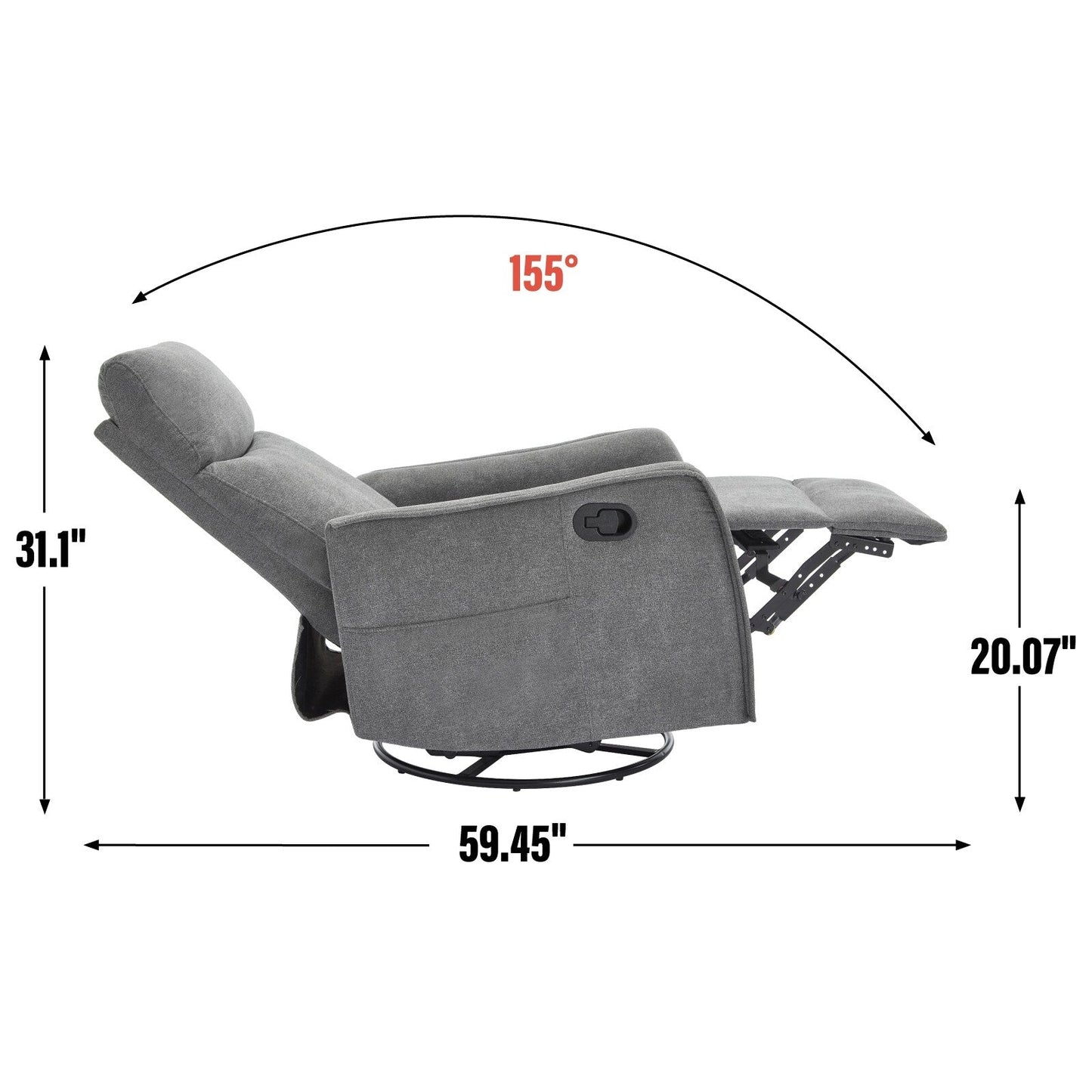 Fauteuil inclinable manuel à 8 points de massage, chaise pivotante et basculante en tissu, canapé simple, fauteuil avec fonction de basculement et chauffage lombaire.