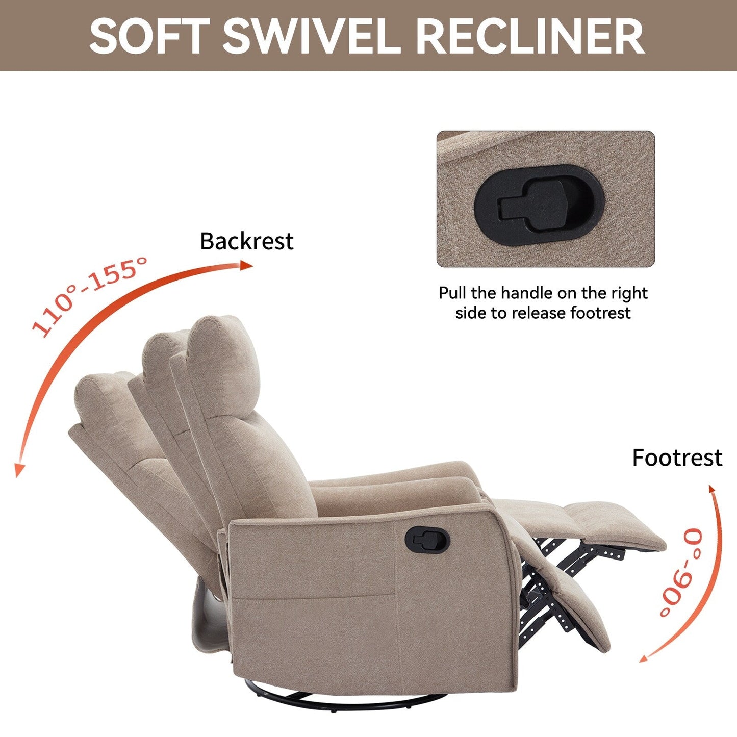 Fauteuil inclinable manuel à 8 points de massage, chaise pivotante et basculante en tissu, canapé simple, fauteuil avec fonction de basculement et chauffage lombaire.