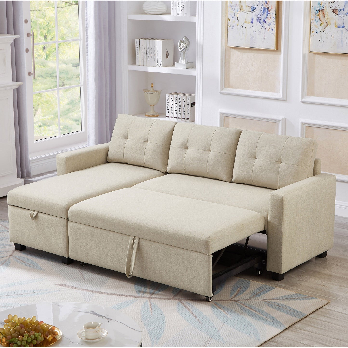 Canapé-lit convertible 3 places recouvert de tissu, 207 cm, avec lit escamotable, méridienne de rangement réversible et coussins de dossier.