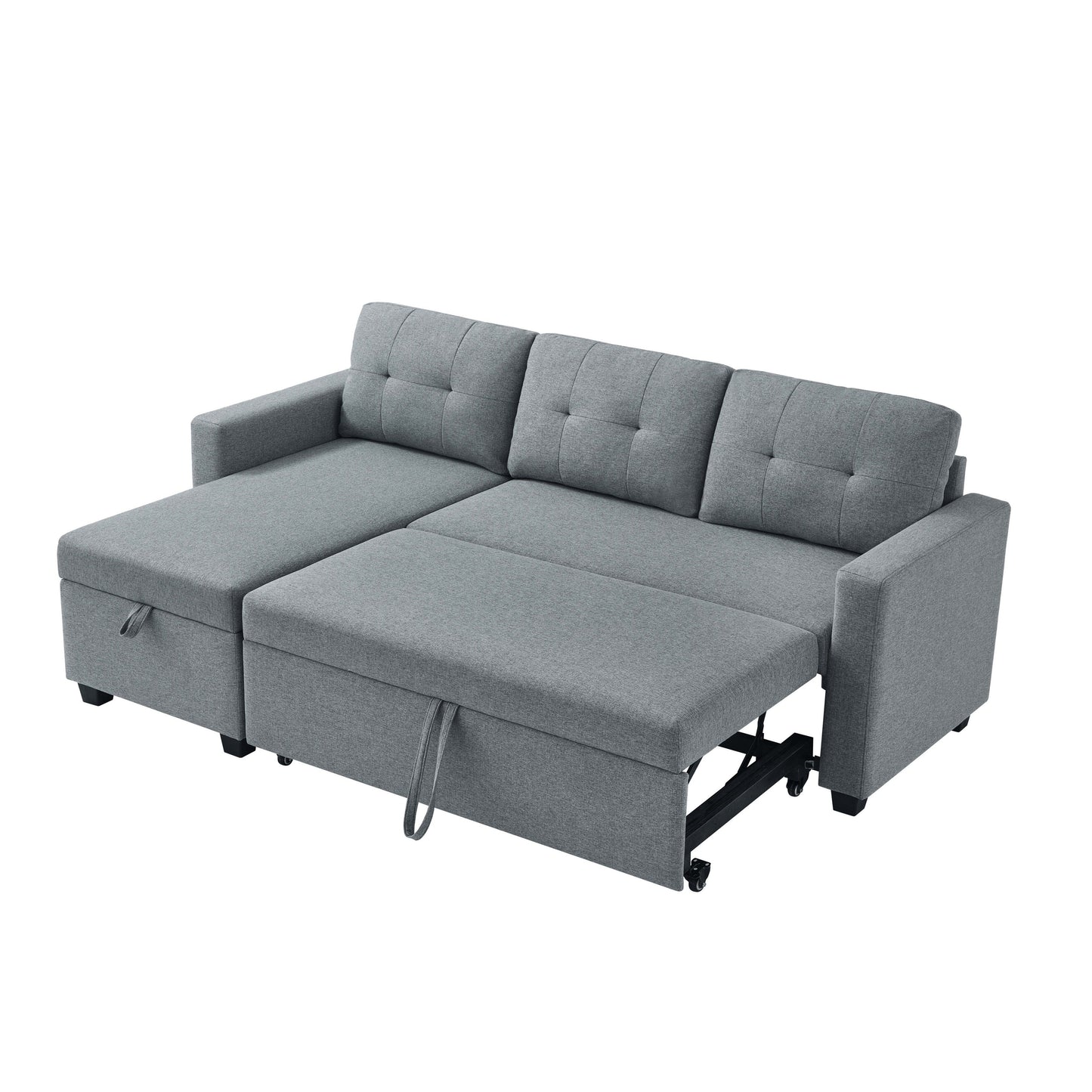 Canapé-lit convertible 3 places recouvert de tissu, 207 cm, avec lit escamotable, méridienne de rangement réversible et coussins de dossier.