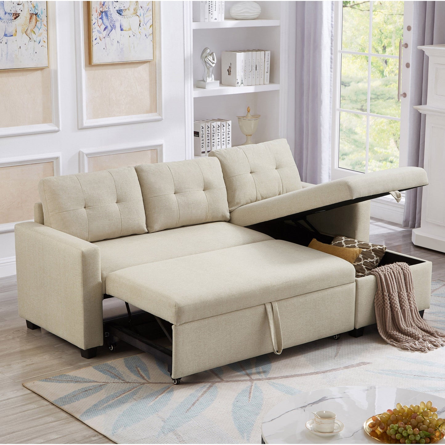 Canapé-lit convertible 3 places recouvert de tissu, 207 cm, avec lit escamotable, méridienne de rangement réversible et coussins de dossier.