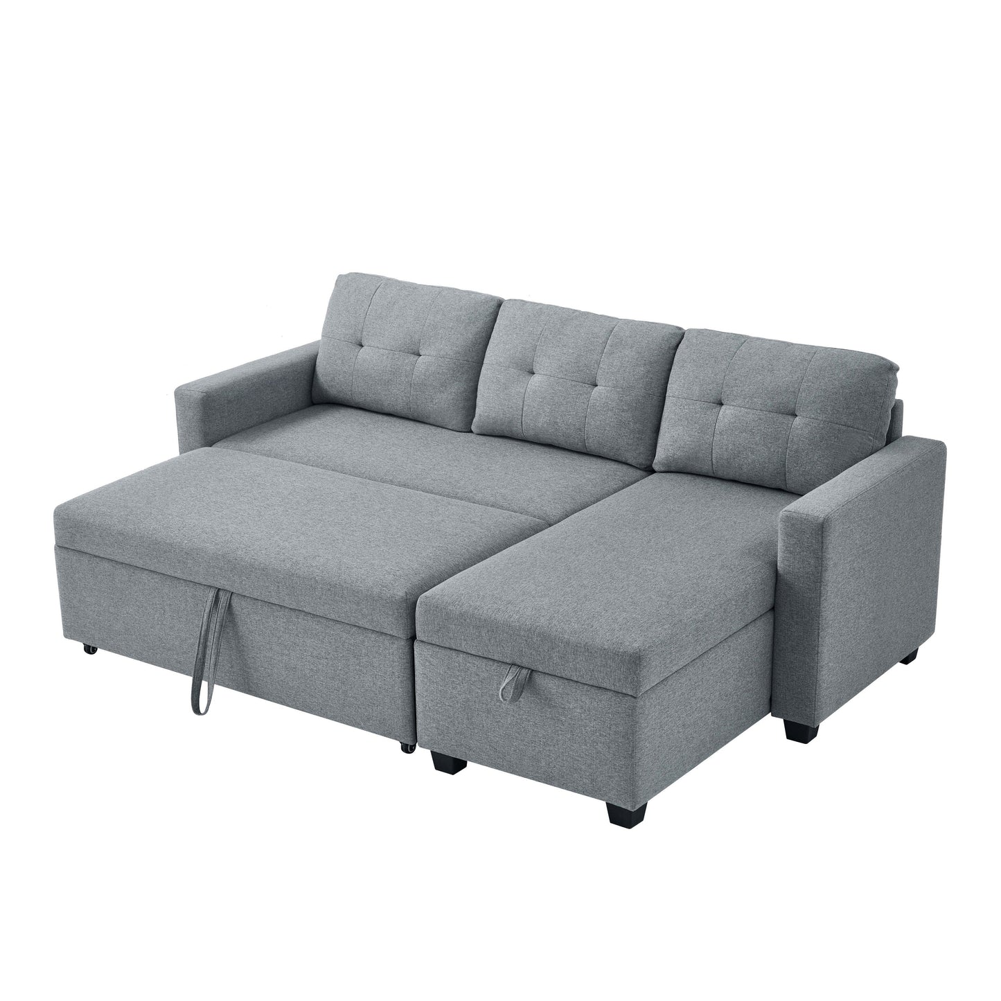 Canapé-lit convertible 3 places recouvert de tissu, 207 cm, avec lit escamotable, méridienne de rangement réversible et coussins de dossier.