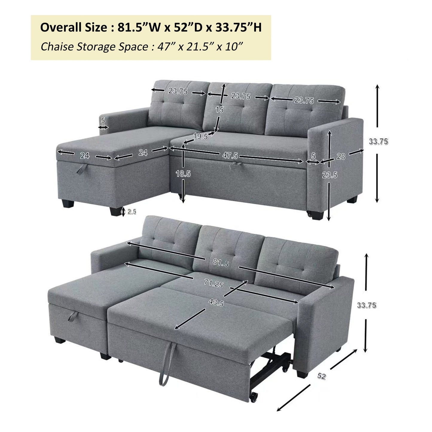Canapé-lit convertible 3 places recouvert de tissu, 207 cm, avec lit escamotable, méridienne de rangement réversible et coussins de dossier.