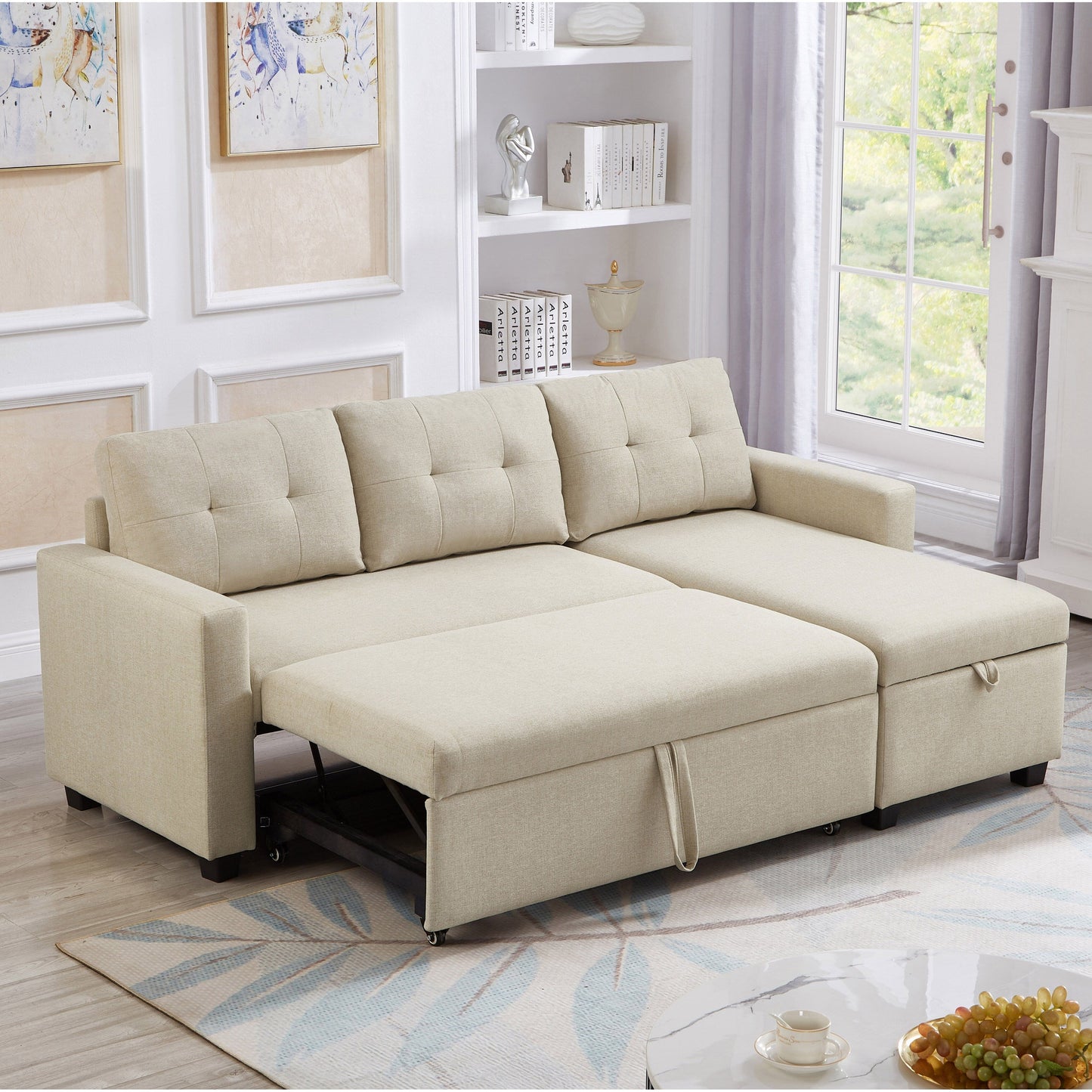 Canapé-lit convertible 3 places recouvert de tissu, 207 cm, avec lit escamotable, méridienne de rangement réversible et coussins de dossier.