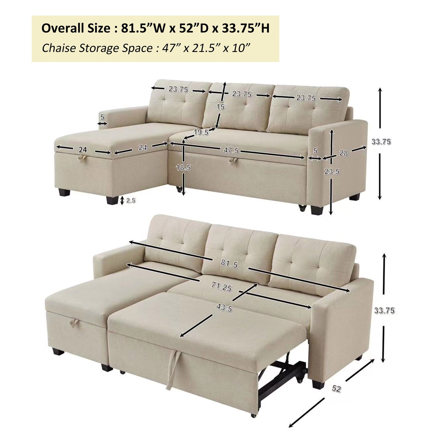 Canapé-lit convertible 3 places recouvert de tissu, 207 cm, avec lit escamotable, méridienne de rangement réversible et coussins de dossier.