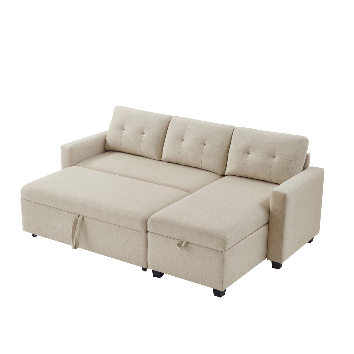 Canapé-lit convertible 3 places recouvert de tissu, 207 cm, avec lit escamotable, méridienne de rangement réversible et coussins de dossier.