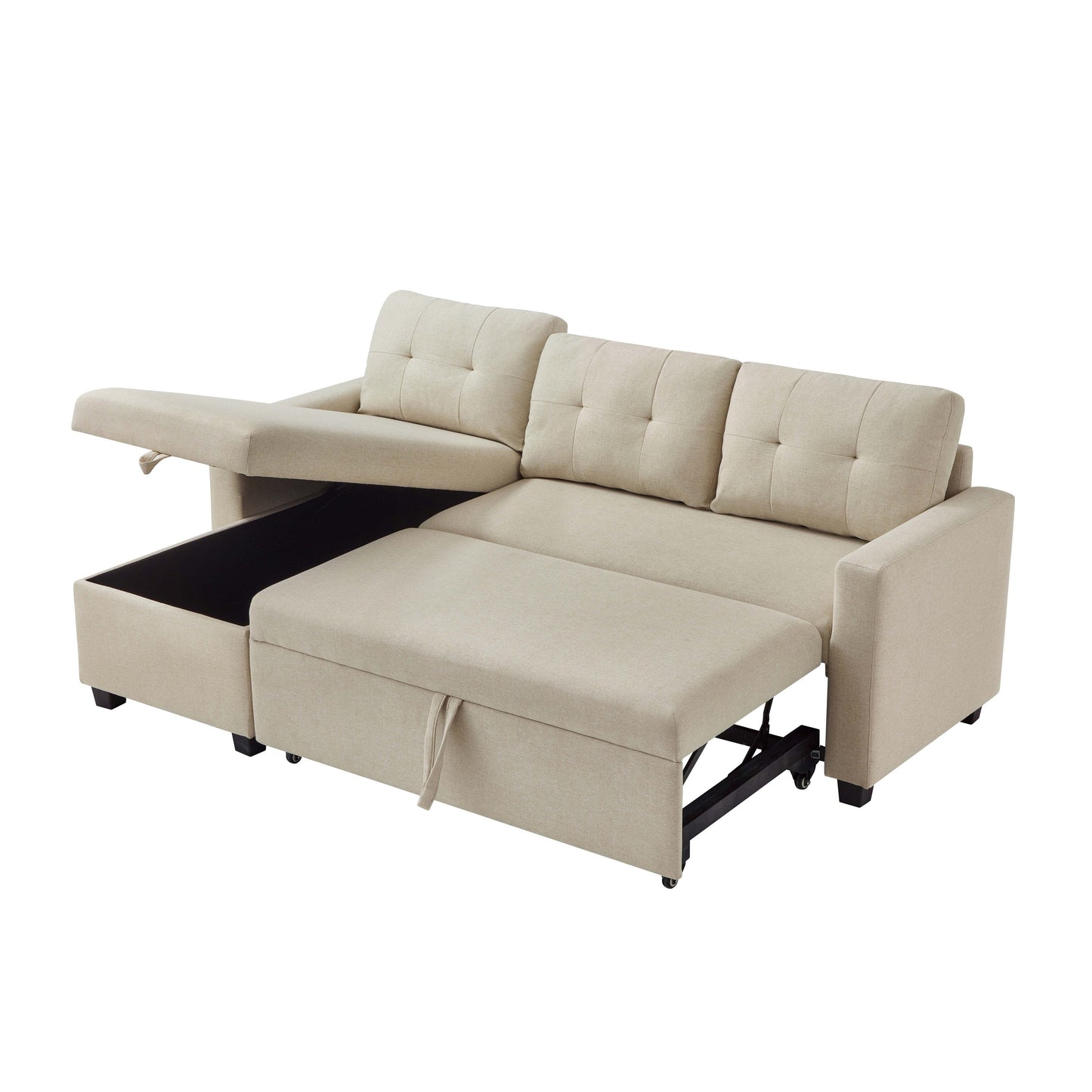 Canapé-lit convertible 3 places recouvert de tissu, 207 cm, avec lit escamotable, méridienne de rangement réversible et coussins de dossier.