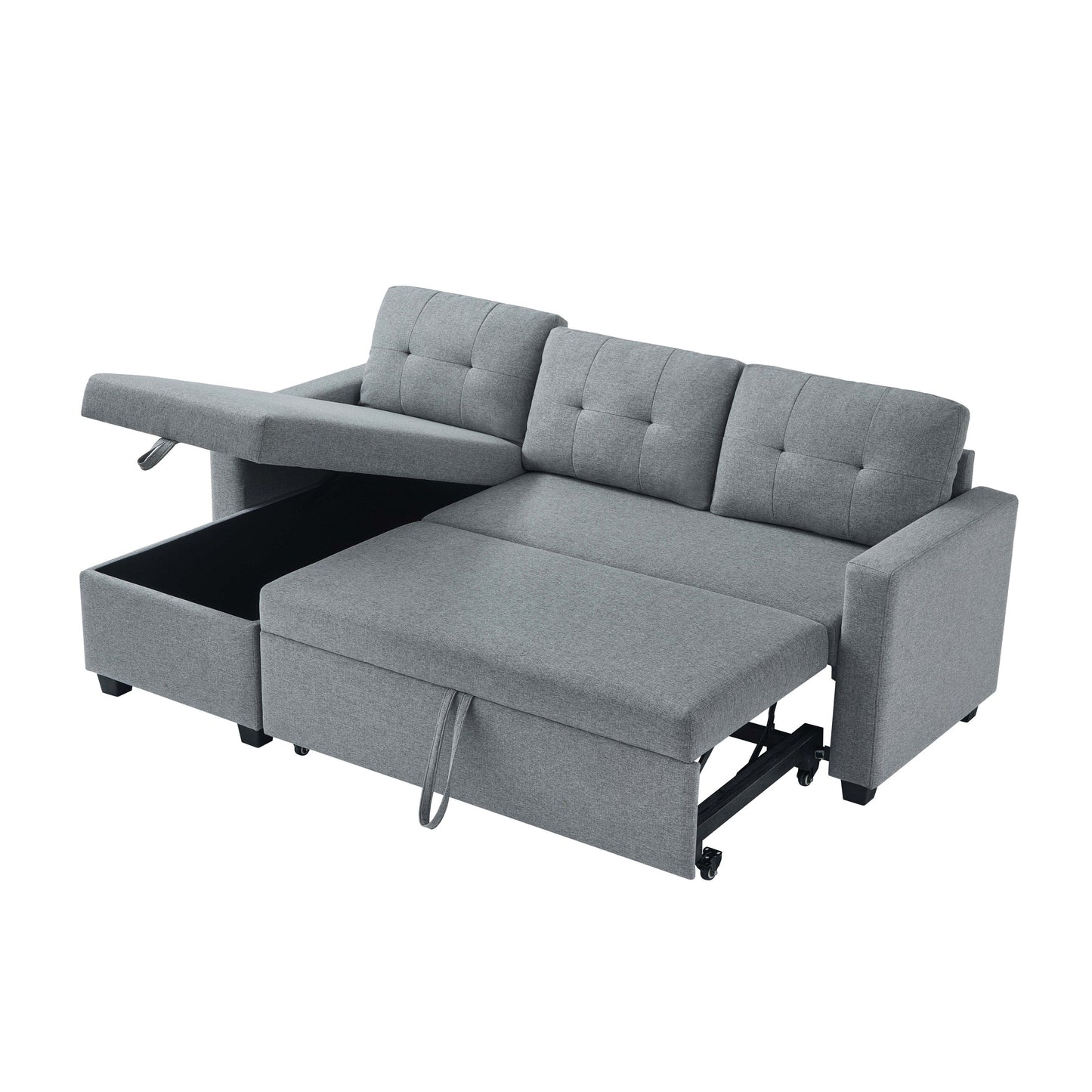 Canapé-lit convertible 3 places recouvert de tissu, 207 cm, avec lit escamotable, méridienne de rangement réversible et coussins de dossier.