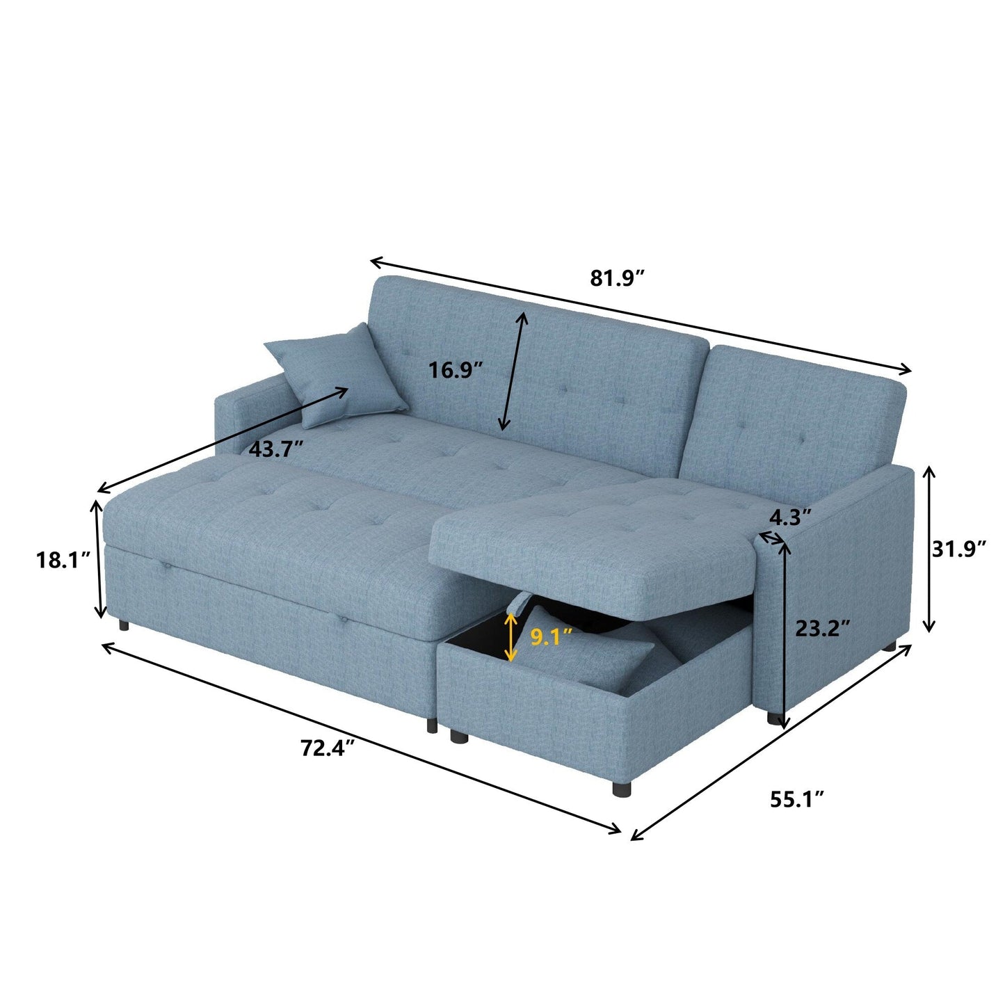 Canapé-lit et chaise longue réversibles de 208 cm de large